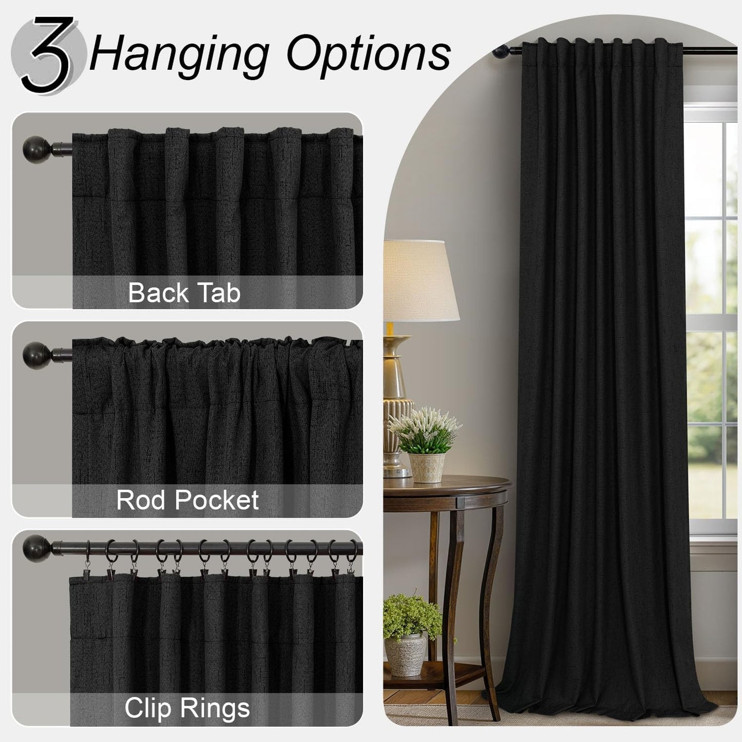 Pitalk Black Blackout Curtains 96 Inches Long for Living Room Bedroom Faux Linen Window Treatments Sun Light Blocking Curtains for Ceiling to Floor Sliding Door Halloween Decor 96 Inch Length 2 Panels