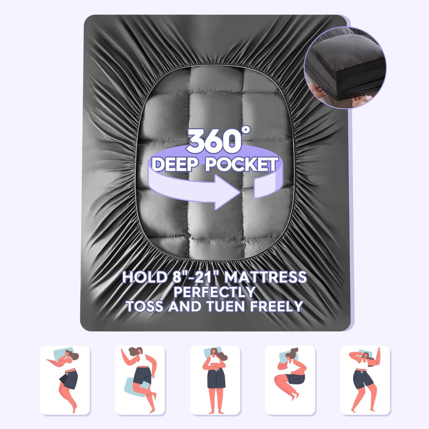 ABENE Mattress Topper Full for Back Pain Relief, Extra Thick Mattress Pad Pillowtop, Soft Mattress Protector Cover with 8"-21" Deep Pocket, Overfilled Down Alternative Filling (Gray, Full)