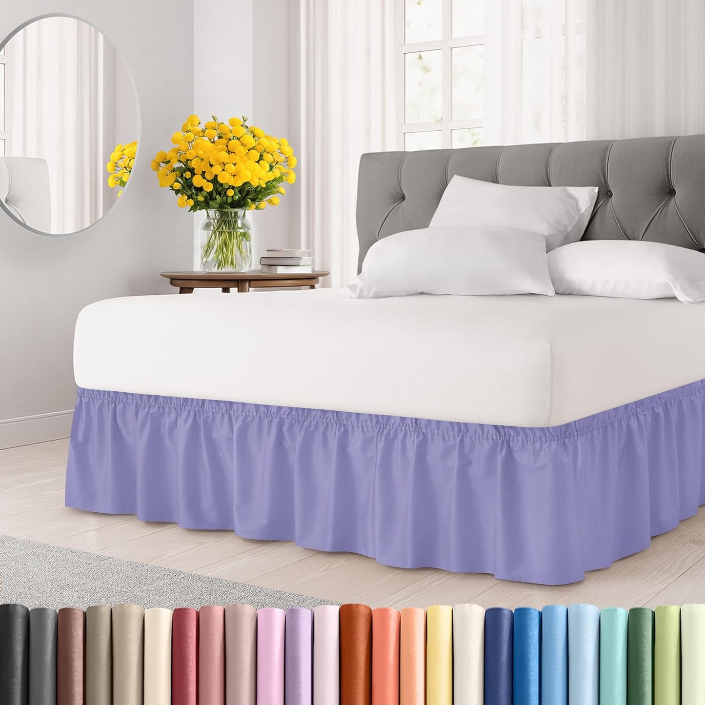 Wrap Around Dust Ruffle Bed Skirt - Lavender - for Queen Size Beds with 15 Inch Drop - Elastic Strap - Adjustable Pleated Bedskirt with Brushed Fabric and Wrinkle Free - for Women, Men, Kids & Teens