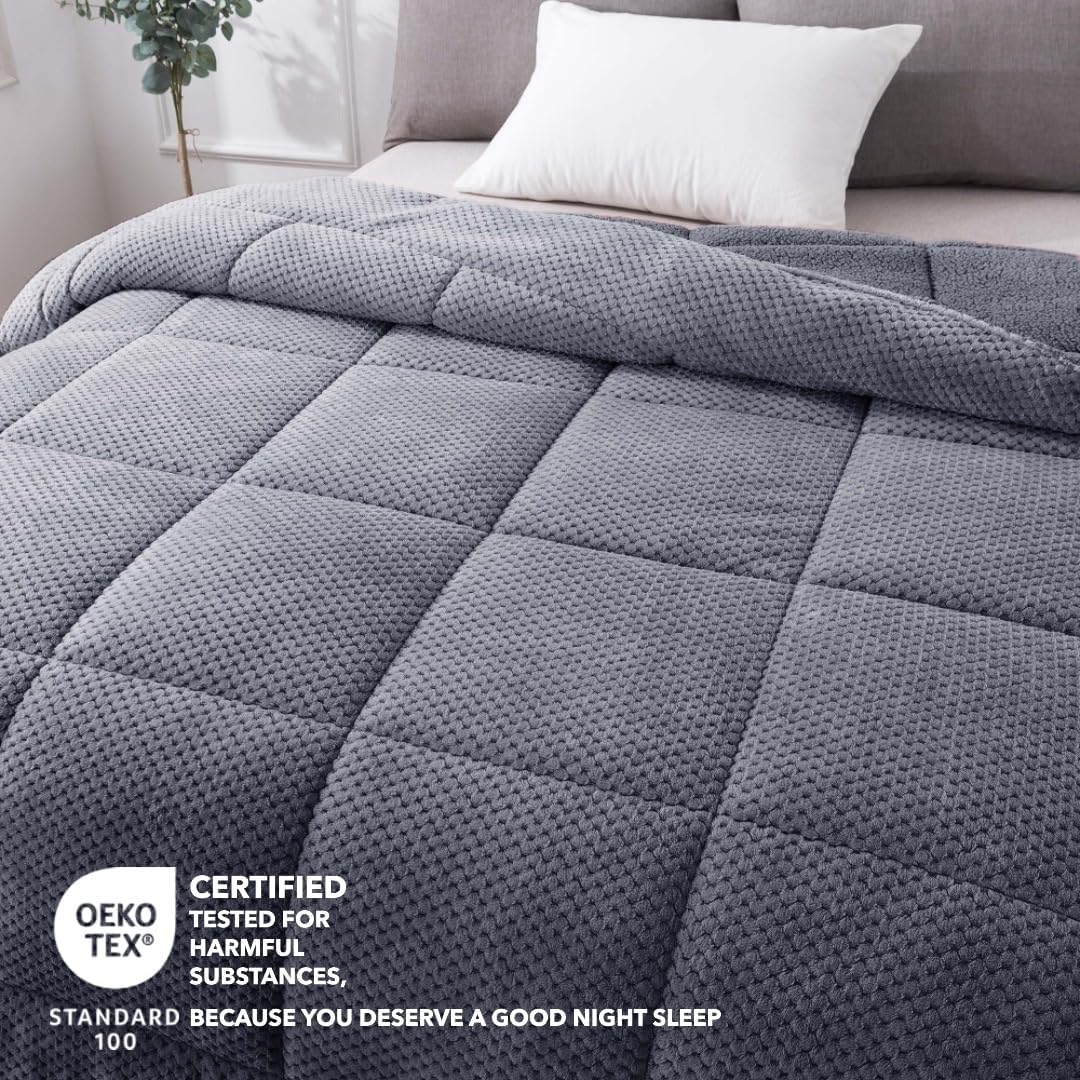 KASENTEX Super Ultra Soft Luxury Plush Sherpa Comforter, Cozy Reversible Fleece - Goose Down Alternative Fill, Machine Washable Bedding, Excalibur Grey, King Size