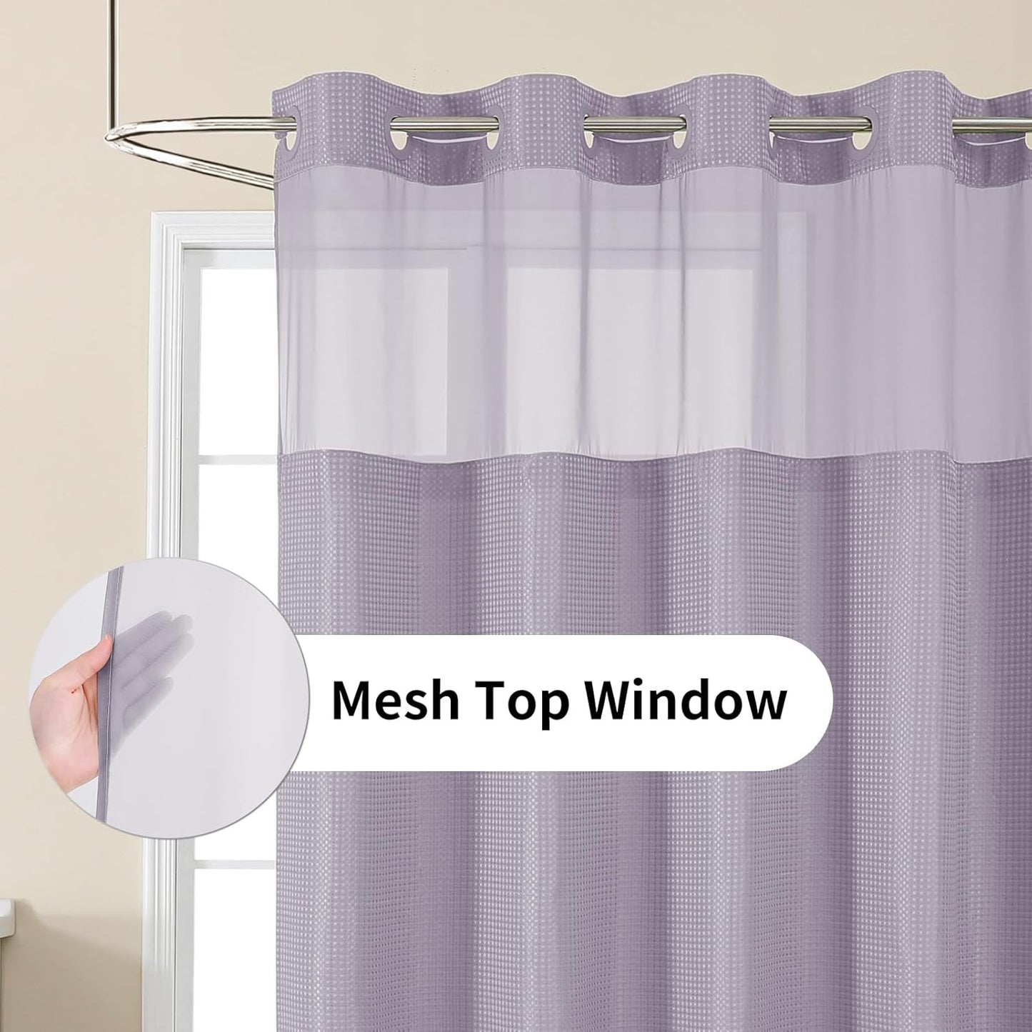 Colorful Star No Hook Shower Curtain with Snap in Fabric Liner, Waffle Weave Heavy Duty Thick Shower Curtains with Mesh Top Window, Hotel Style Waterproof Bathroom Curtain Set, 72 x 75 Inch, Lavender