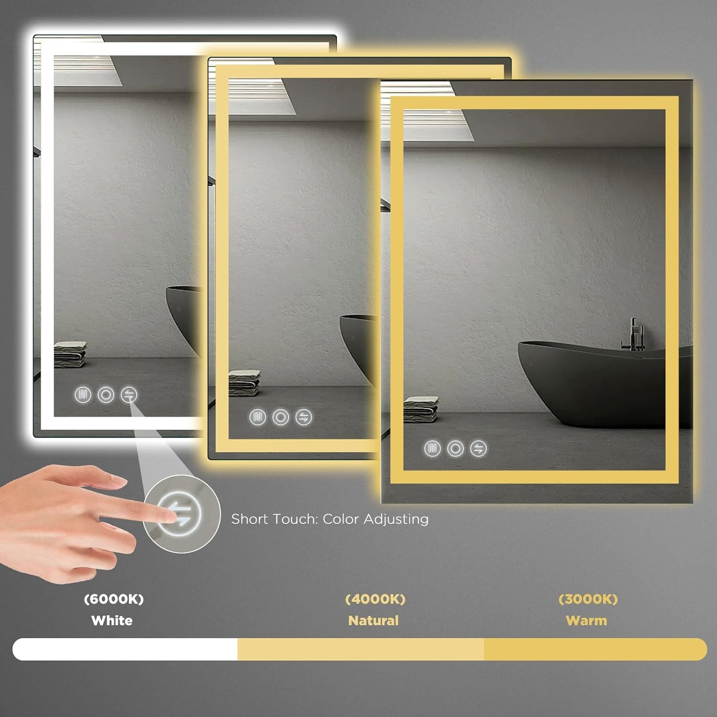 LED Bathroom Mirror 24"x 40" with Frontlit and Backlit, Anti-Fog, Stepless 3 Colors Temperature & Dimmable, Memory Tempered Glass
