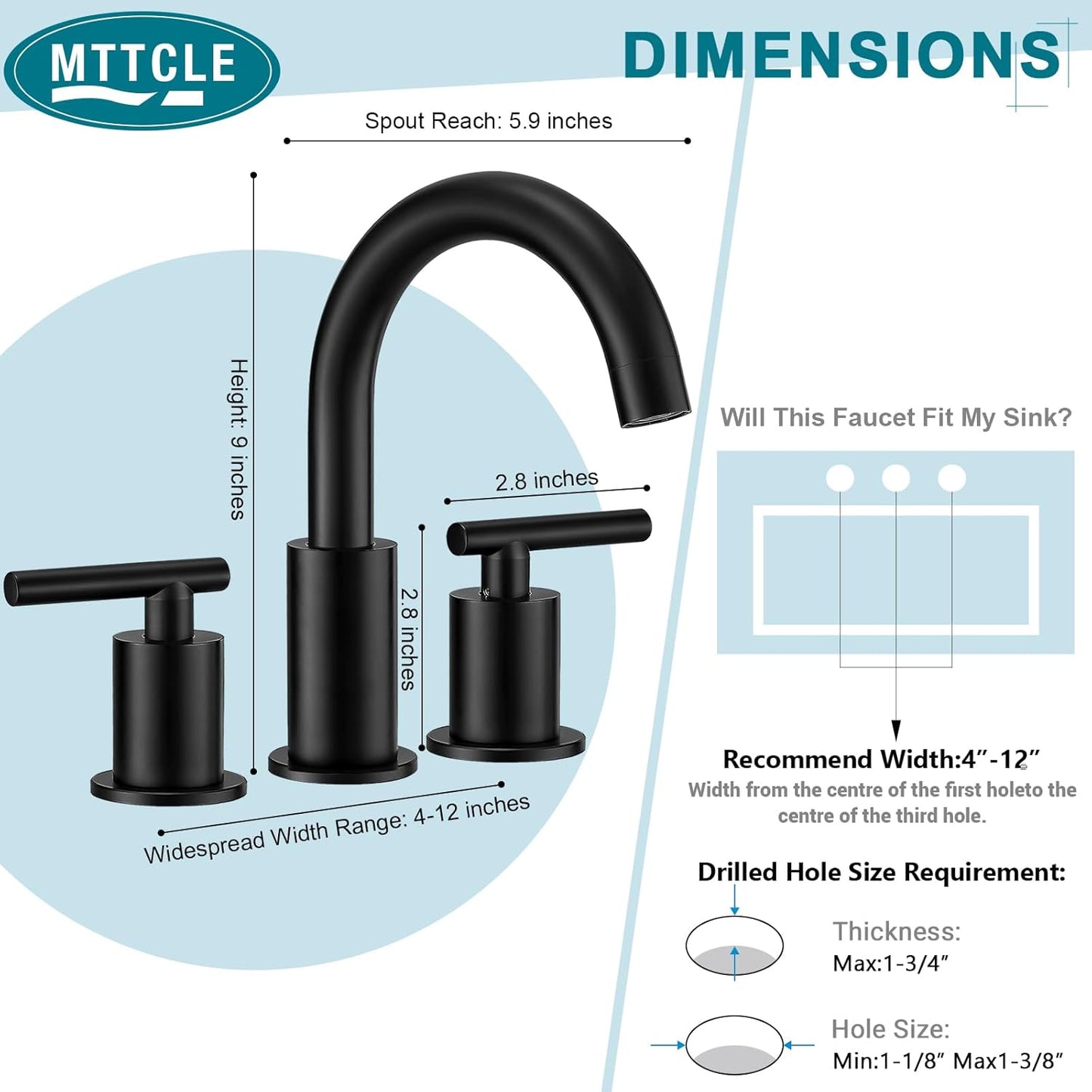 Matte Black Bathroom Faucet 3 Hole, 8 Inch Widespread with Pop-up Drain, 2 Handle Bathroom Sink Faucet, Modern Vanity Faucet for Bathroom Sink with 360° Swivel Spout