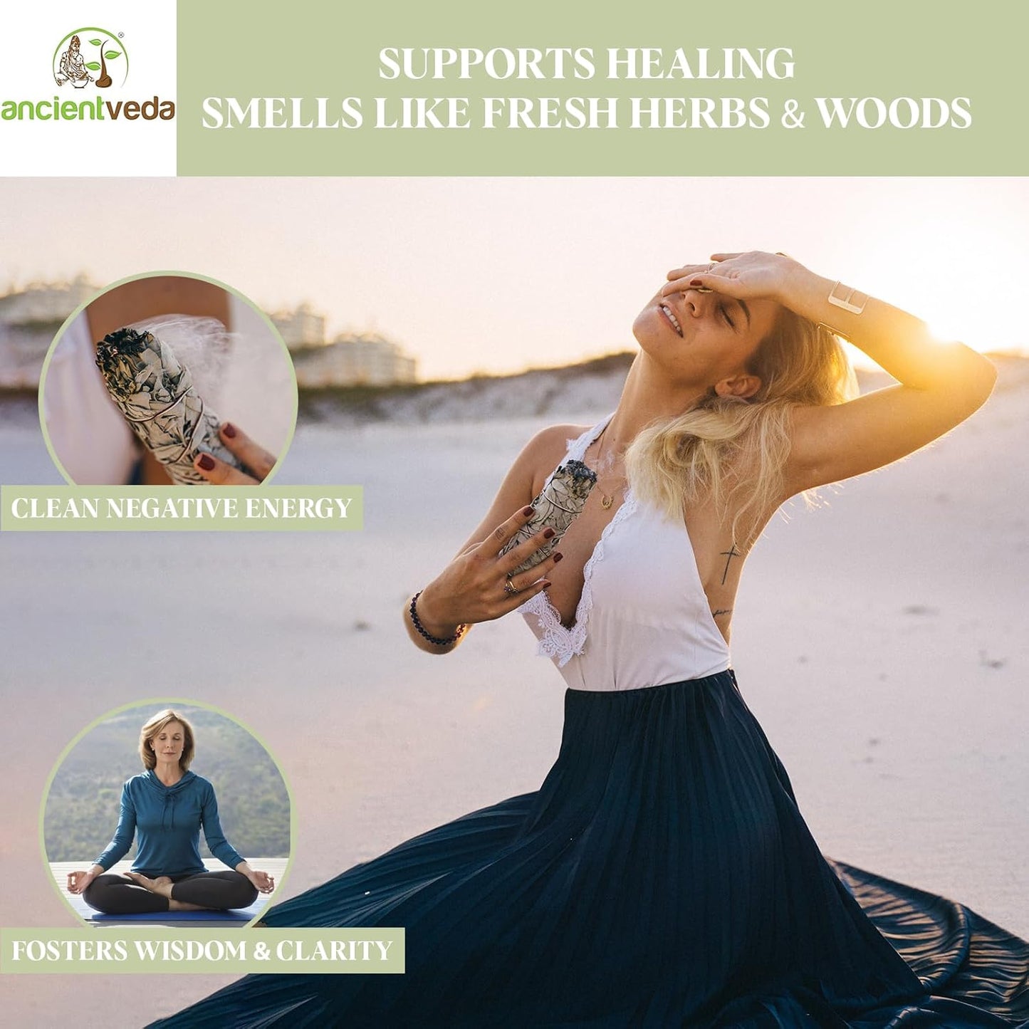 Ancient VEDA 4 Inch White Sage Smudge Sticks Bulk with Starter Guide (6 Pack) Smudge Sticks Sage for Cleansing House | White Sage for Smudging and Negative Energy Yoga | California Sage Bundles