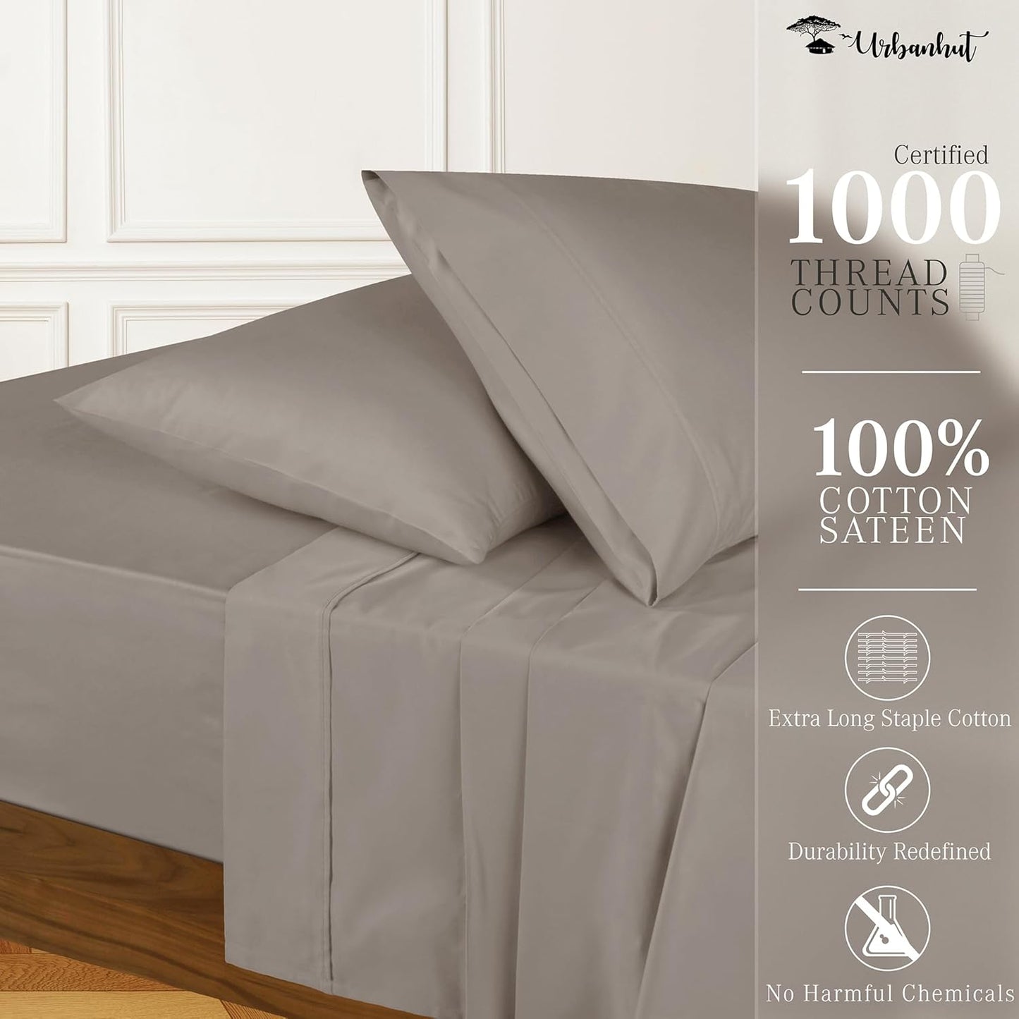 URBANHUT 1000 Thread Count Egyptian Cotton Sheets Twin Size, Long Staple Soft & Breathable, 3 Pc Bed Sheet Sets, Luxury Hotel Sateen Sheets Fits 16" Deep Pocket - Dark Grey