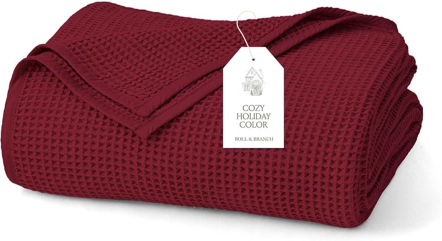 BOLL & BRANCH Waffle Bed Blanket - King/Cal King, Holly - Luxury 100% Organic Cotton - Soft, Lightweight and Breathable - Textured Waffle Weave
