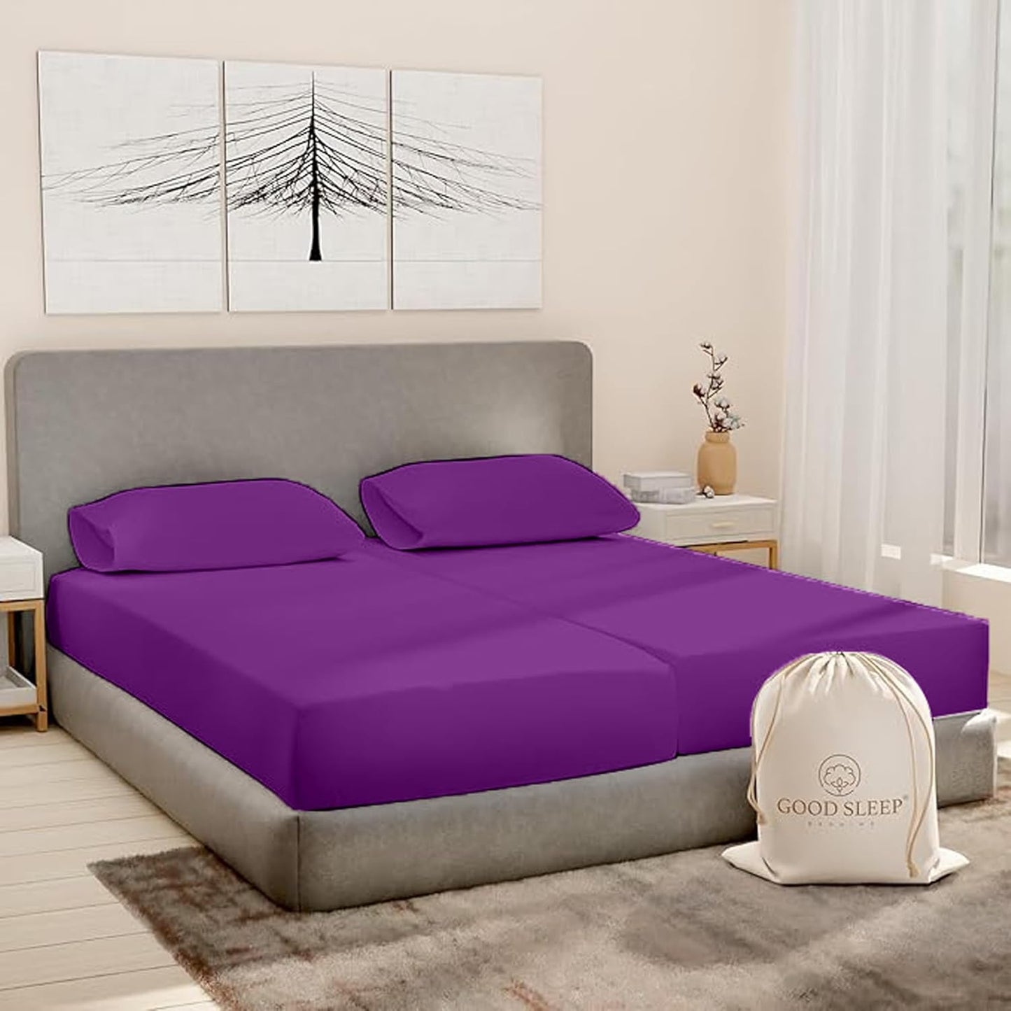 Split King Sheets Sets for Adjustable Bed Cotton, Luxury Sheets, Egyptian Cotton Sheets, 5 Piece 100% Cotton Split King Sheet Set, Sateen Sheetts, 2 Fitted - 16" Deep Pocket, Purple