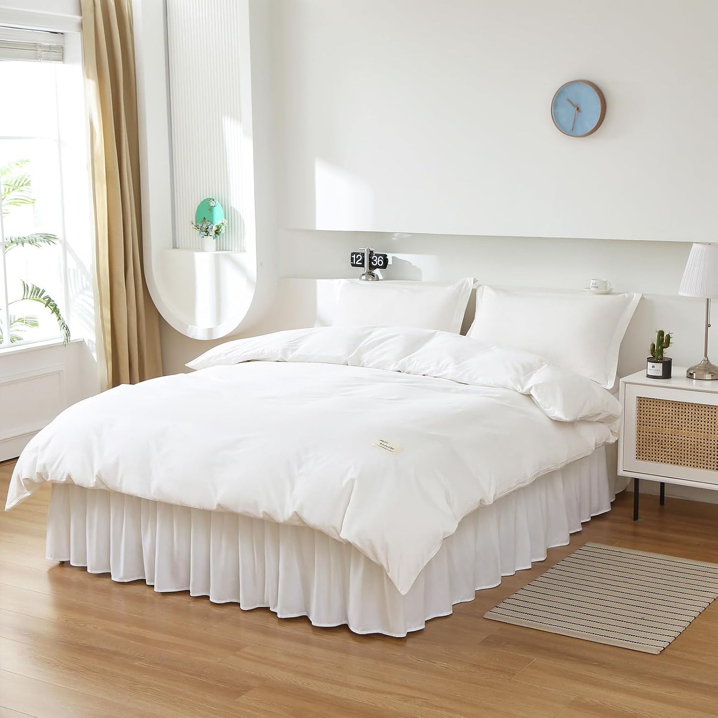 MEILA Wrap Around Bed Skirt Three Fabric Sides Elastic Dust Ruffled 24 Inch Tailored Drop,Easy to Install Fade Resistant-Natural White, Twin/Full