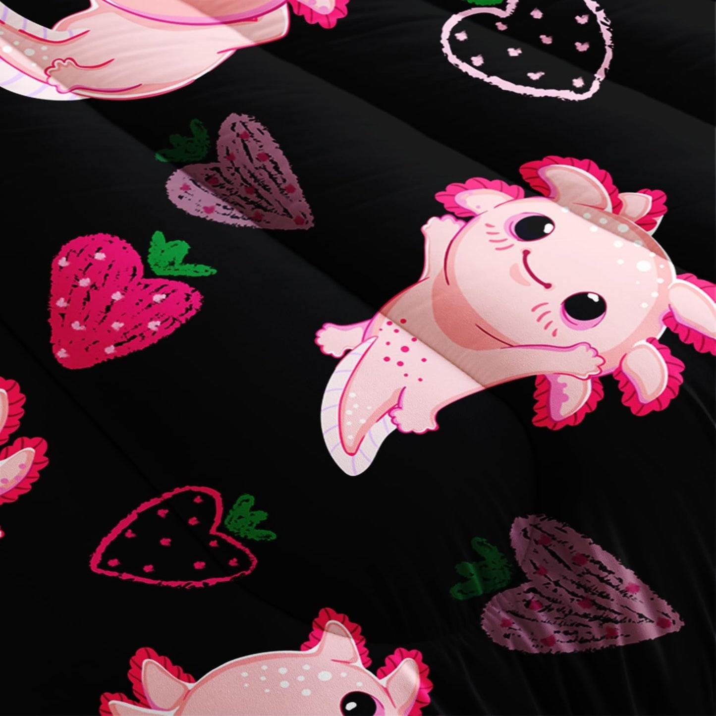Cute Axolotl Bedding Set Queen Size,Pink Axolotl Strawberry Printed Comforter Sets Aesthetic Bedding for Kids Girls,Beach Coastal Animal Themed Comforter Sets with 2 Pillowcases.