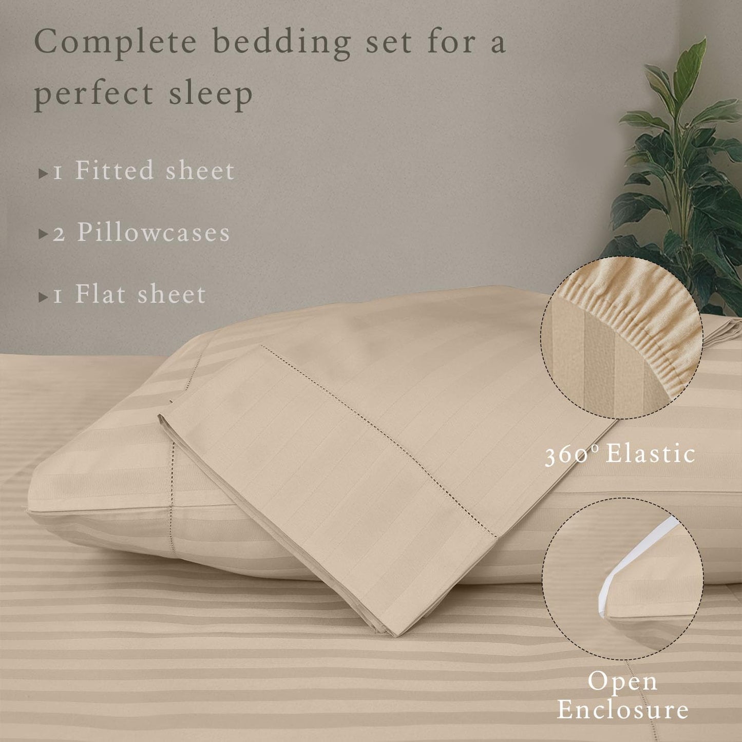 Threadmill 500 Thread Count Queen Size Damask Stripe, 4 Pc Luxury Cotton Bedding Set, Silky Smooth Light Beige Sheets with 16" Elasticized Deep Pocket, 2 Pillowcases & Free Tote Bag