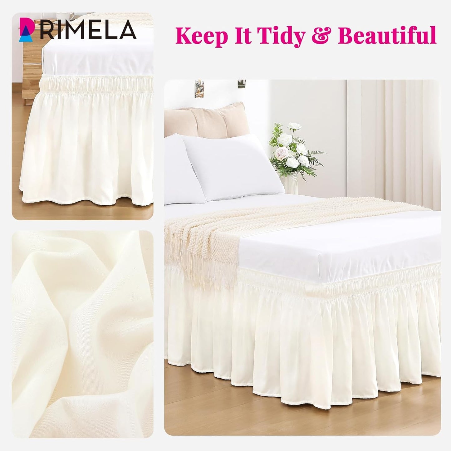 RIMELA Cream White Bed Skirt King Size 18 Inch Drop, Wrap Around Elastic Bedskirt, Dust Ruffle for Adjustable Bed Base Machine Washable Easy to Install Bed Skirts