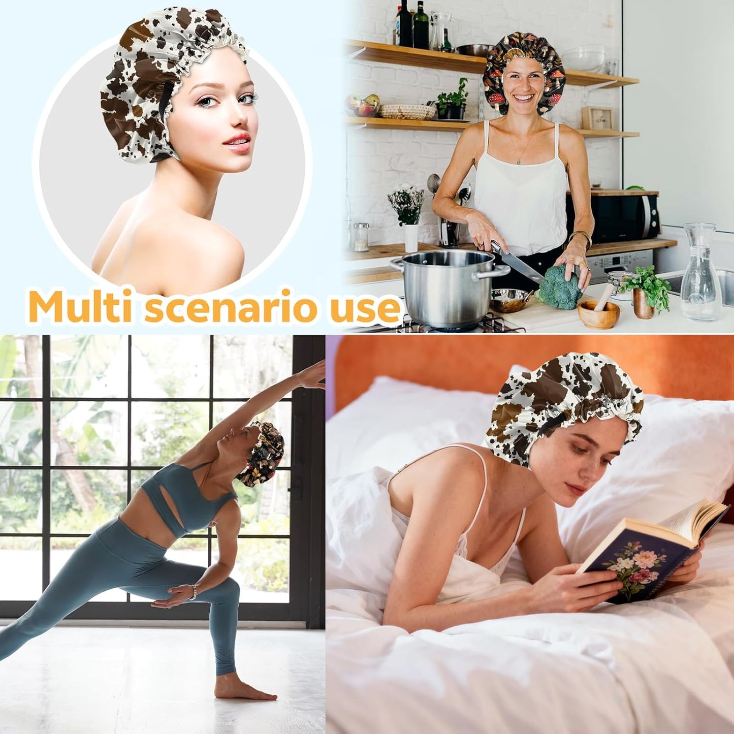 2 PCS Bonnets for Women Girls Satin Hair Bonnet Silk Adjustable Elastic Double Layer Hair Wrap Sleep Cap Comfort Cute-Mushroom Cowhide