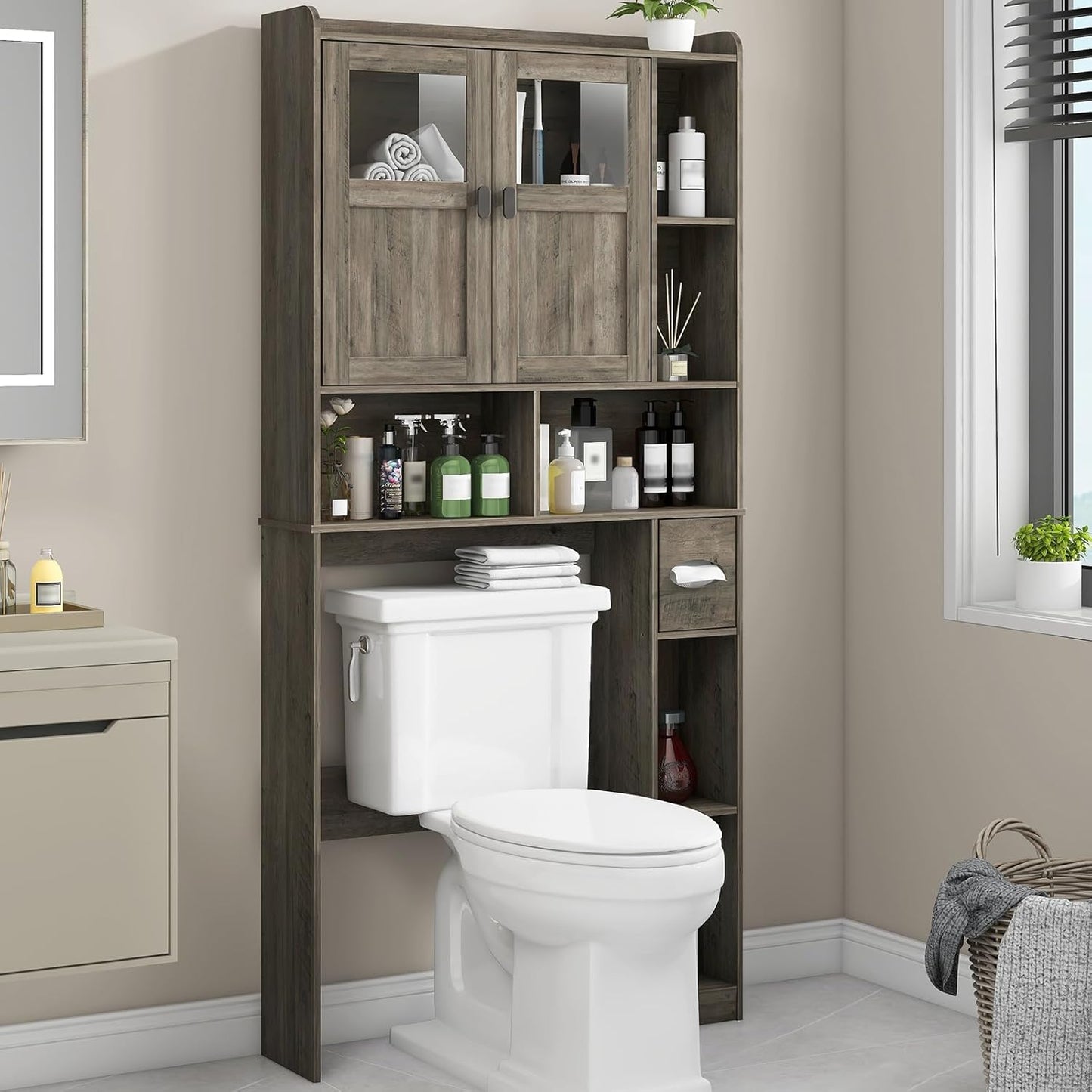 Vabches Over The Toilet Storage Cabinet, Bathroom Shelf Over Toilet with Glass Doors and Adjustable Shelves, Grey Freestanding Home Space Save Toilet Rack, for Restroom, Bathroom, Laundry