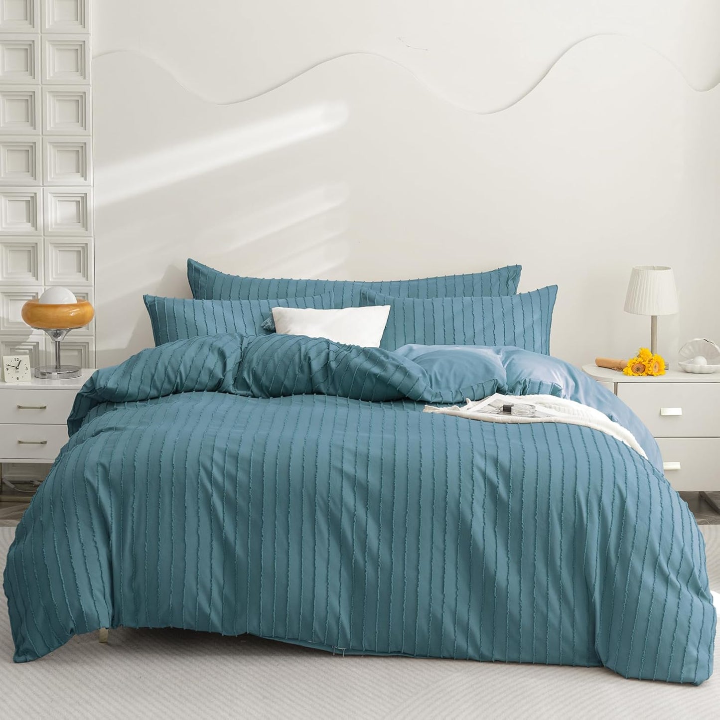 JELLYMONI Duvet Cover King Size Grayish Blue - 3PCS Boho Striped Duvet Cover Set Polyester Tufted Bohemian Textured Comforter Cover 104×90in with Corner Ties & Zipper and 2 Pillowcases