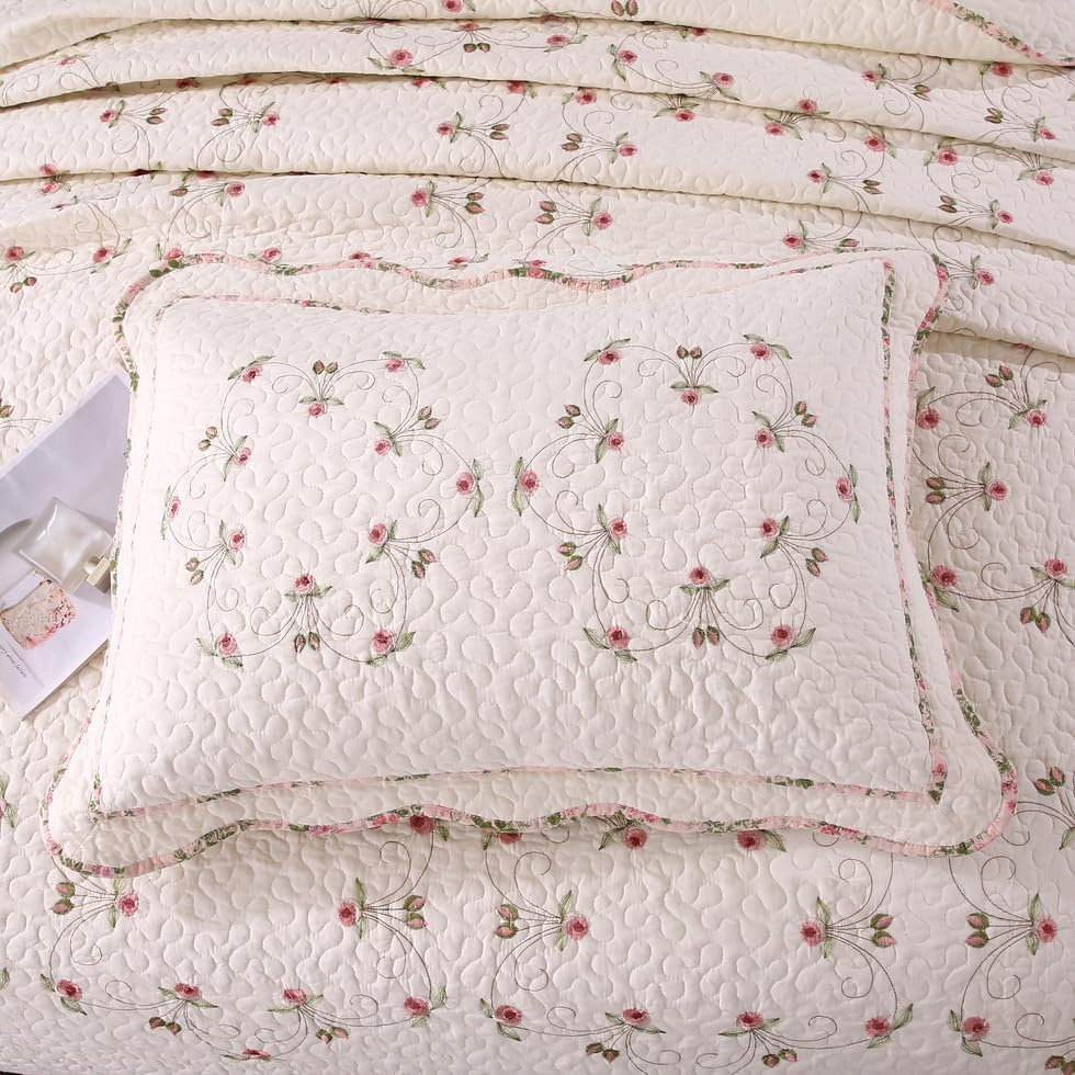 Quilt Set Floral Leaves 3D Embroidery Pattern 2 PCS Cotton Reversible Quilted Embroidered Decorative Bedspreads Coverlet Set, Lightweight &Soft Queen Size Beige Bedding Coverlet for All Season