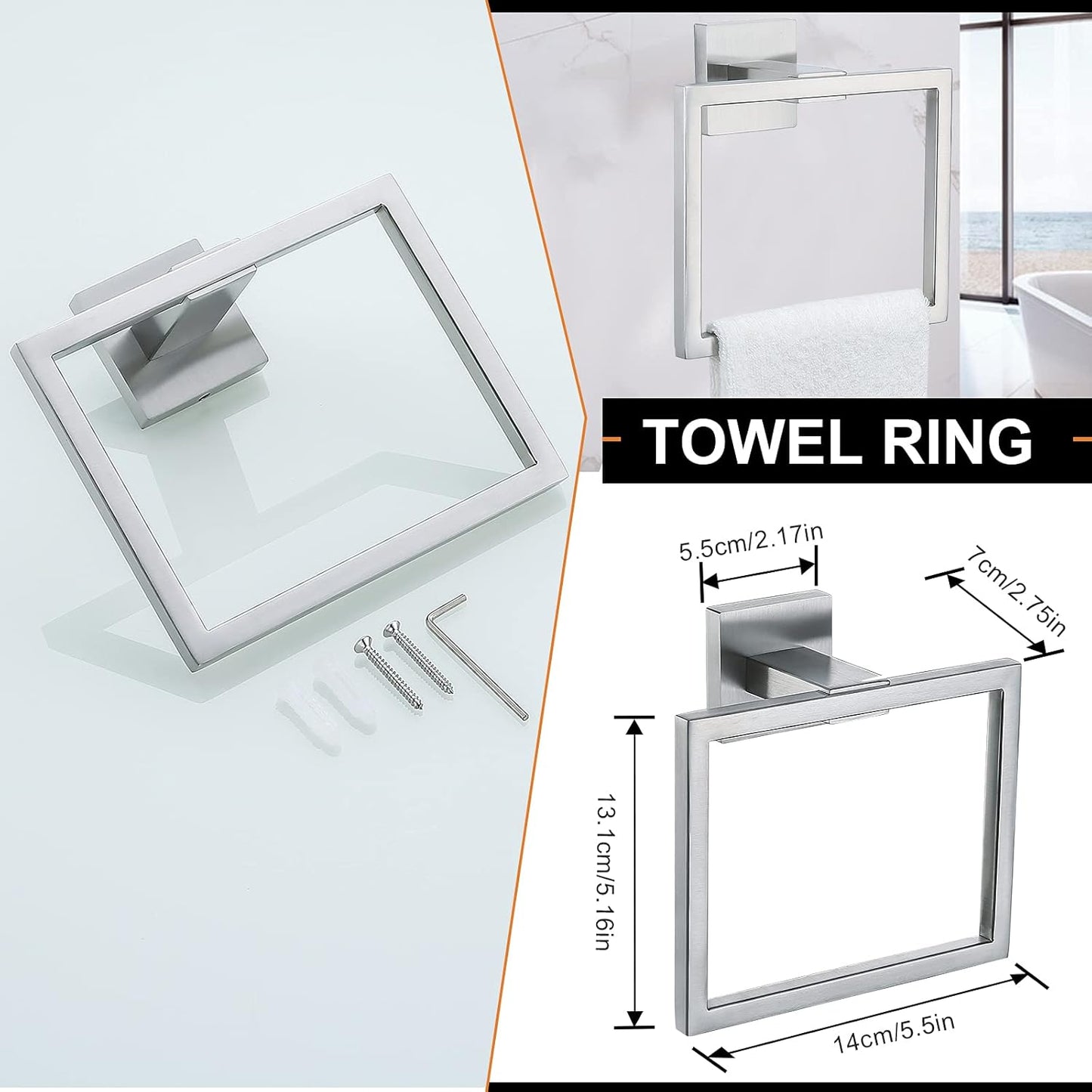 YACVCL 5-Piece Bathroom Hardware Accessories Set 23.6 inch Towel Bar Towel Rack Sets Modern Towel Ring Kit Stainless Steel Wall Mounted (Brushed Nickel)
