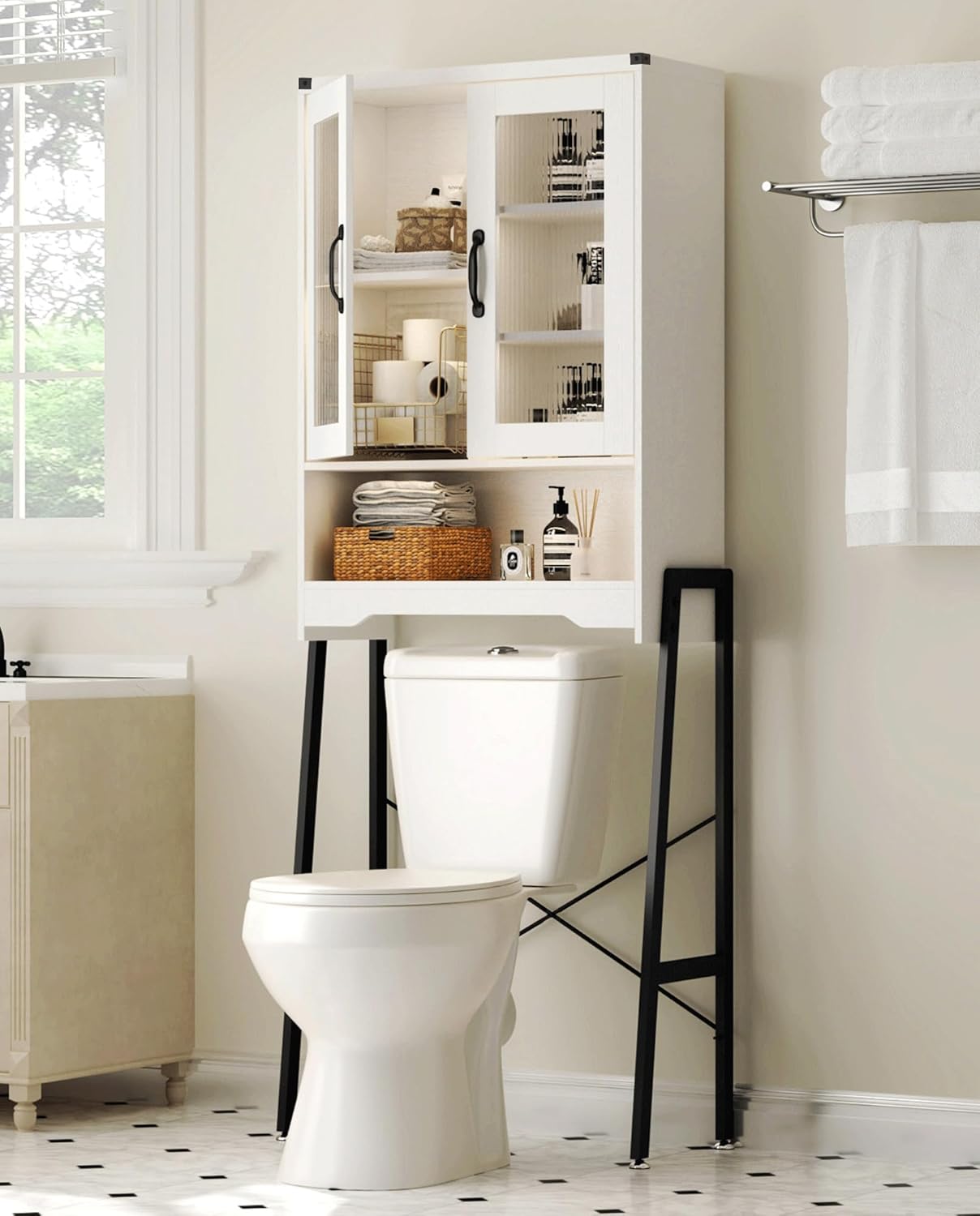 Over The Toilet Storage Cabinet with Tempered Glass Doors & Metal Stand, Over Toilet Organizer with Adjustable Shelf Space Saver Over Toilet , Tall Freestanding Shelf/Rack for Bathroom, Modern, White