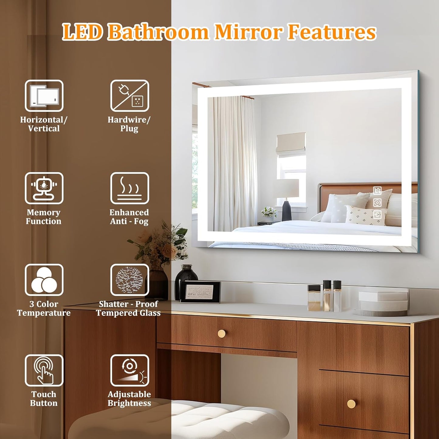 24"x32" LED Bathroom Mirror with Lights, Front & Backlit, 3 Colors Dimmable Lighted Bathroom Vanity Mirror, Anti-Fog, Memory Function, Shatter-Proof Tempered Glass