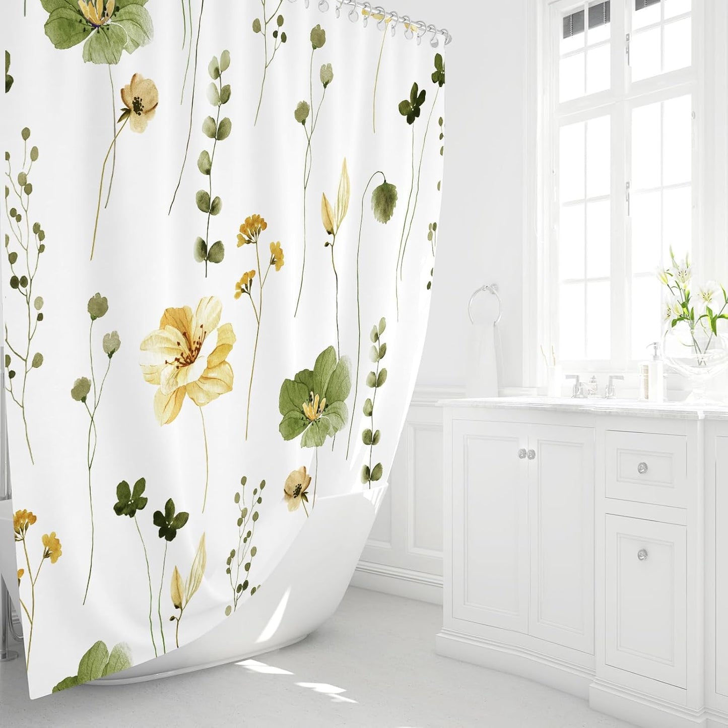 Gibelle Watercolor Floral Shower Curtain, Olive Green Beige Flower Shower Curtain for Bathroom, Modern Minimalist Waterproof Fabric Shower Curtain Set with Hooks 72x72 Inch