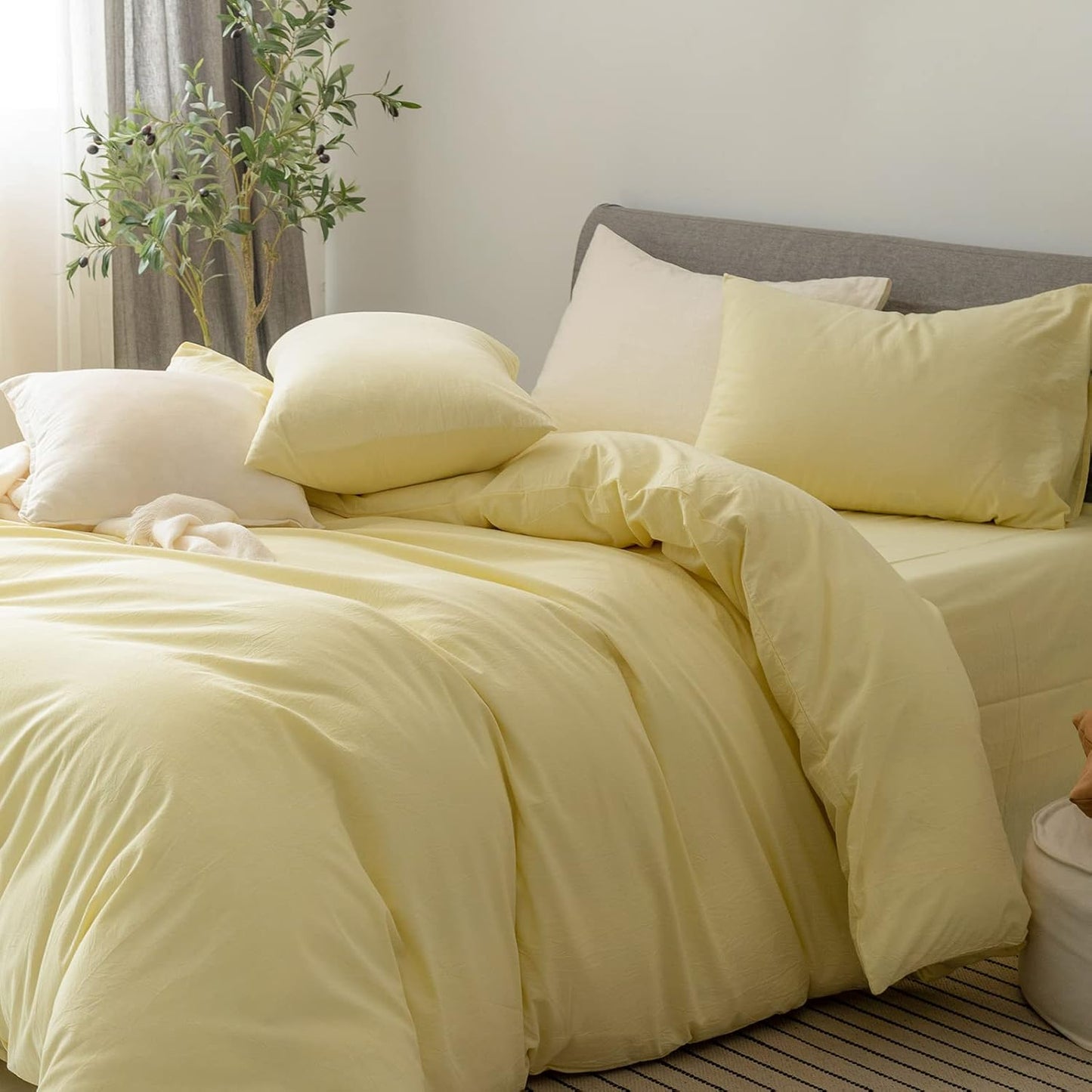FOSSA Duvet Cover Set 100% Washed Cotton Linen Feel Super Soft Breathable Cozy 3 Pieces Bedding Sets Solid Pastel Yellow Oversized Queen