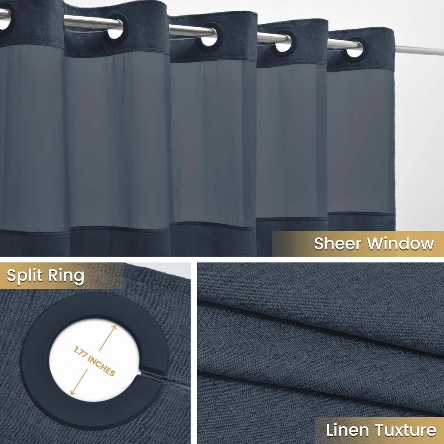 No Hook Navy Blue Shower Curtain and Liner, Linen-Look Polyester Textured Shower Curtain with Snap in Liner, Waterproof & Washable Bath Curtains for Bathroom, 71Wx74H