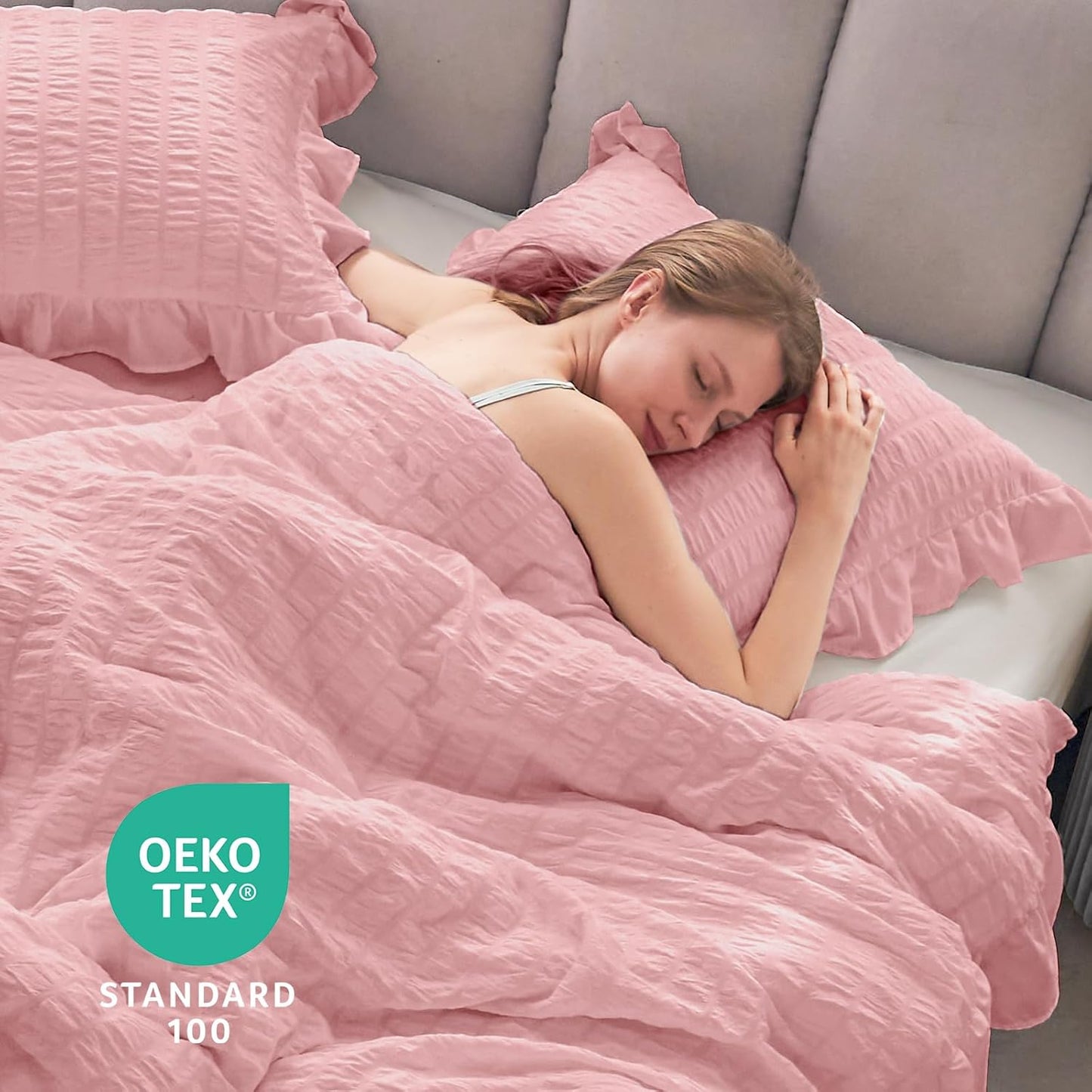 JOLLYVOGUE Pink Seersucker King Comforter Set, 3 Pieces Bed in a Bag Comforter Set, Lightweight & Fluffy Bedding Sets King for All Season with 1 Ruffle Comforter and 2 Ruffle Pillowshams