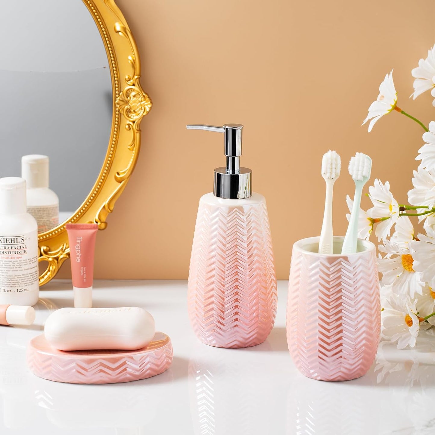 Pink Bathroom Accessories Set, 3 Pcs Ceramic Bathroom Decor Contain Toothbrush Holder,Soap Dispenser, and Soap Dish.
