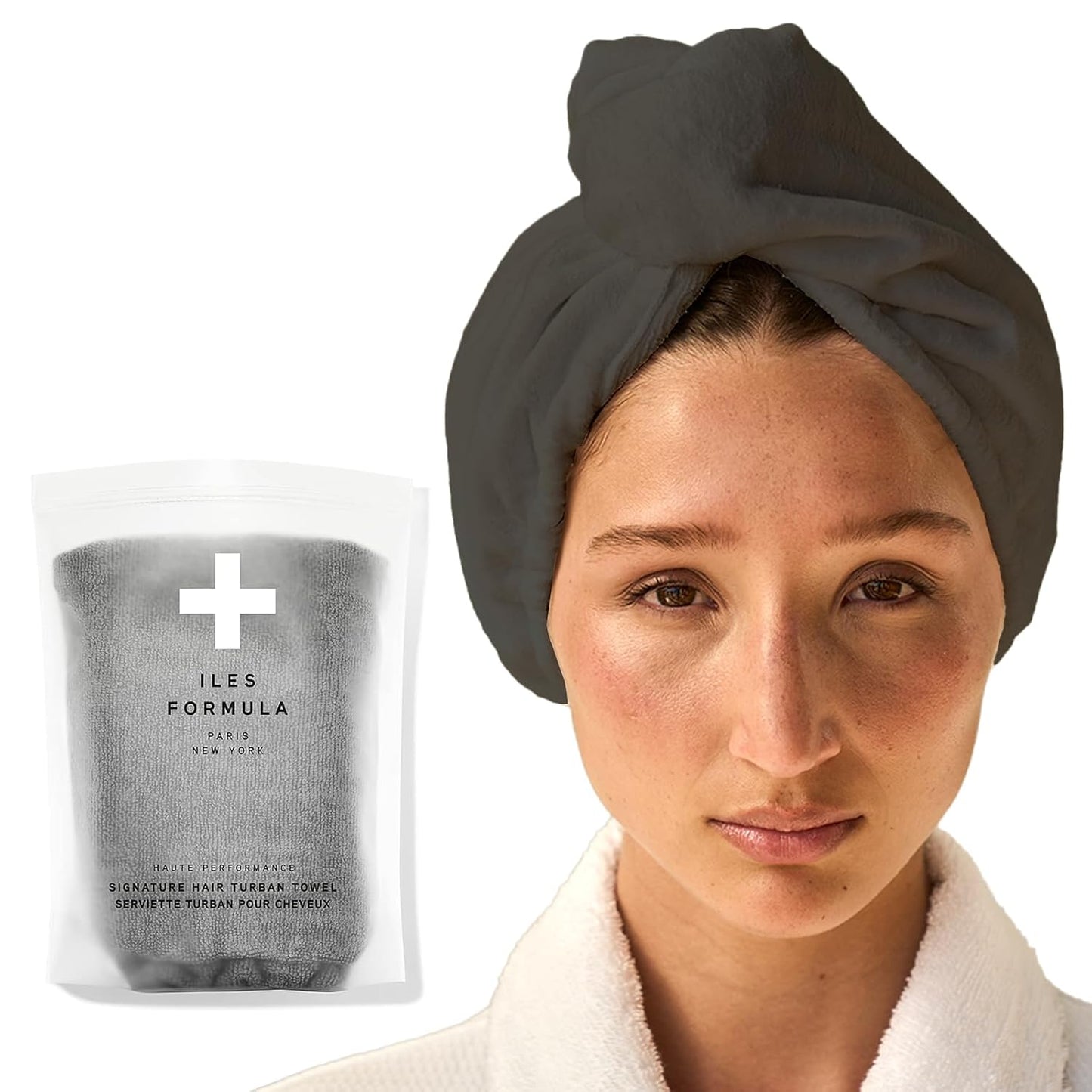 ILES FORMULA Hair Turban Towel – Ultra-Soft Microfiber Hair Towel Wrap for Fast Drying, Frizz Control & Breakage Protection – Large, Lightweight Hair Wrap for Short, Long & Curly – Grey