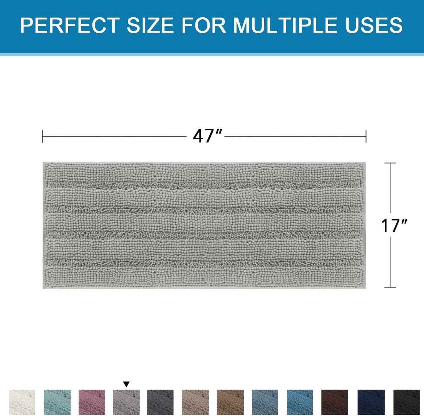 H.VERSAILTEX Bath Rugs for Bathroom Non Slip Bath Mats Extra Thick Chenille Striped Bath Rug Runners 47" x 17" Absorbent Fluffy Soft Shaggy Mats Dry Fast Plush Area Carpet for Bath Room - Dove