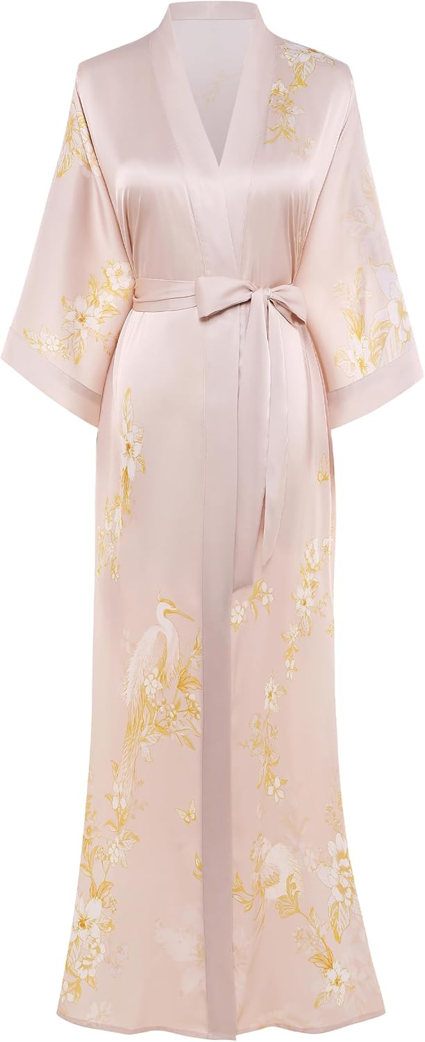 PRODESIGN Kimono Robe for Women - Long Satin Sleepwear Silky Kimono Cover-Up Nightgown Japanese Bathrobe Loungewear Blouse