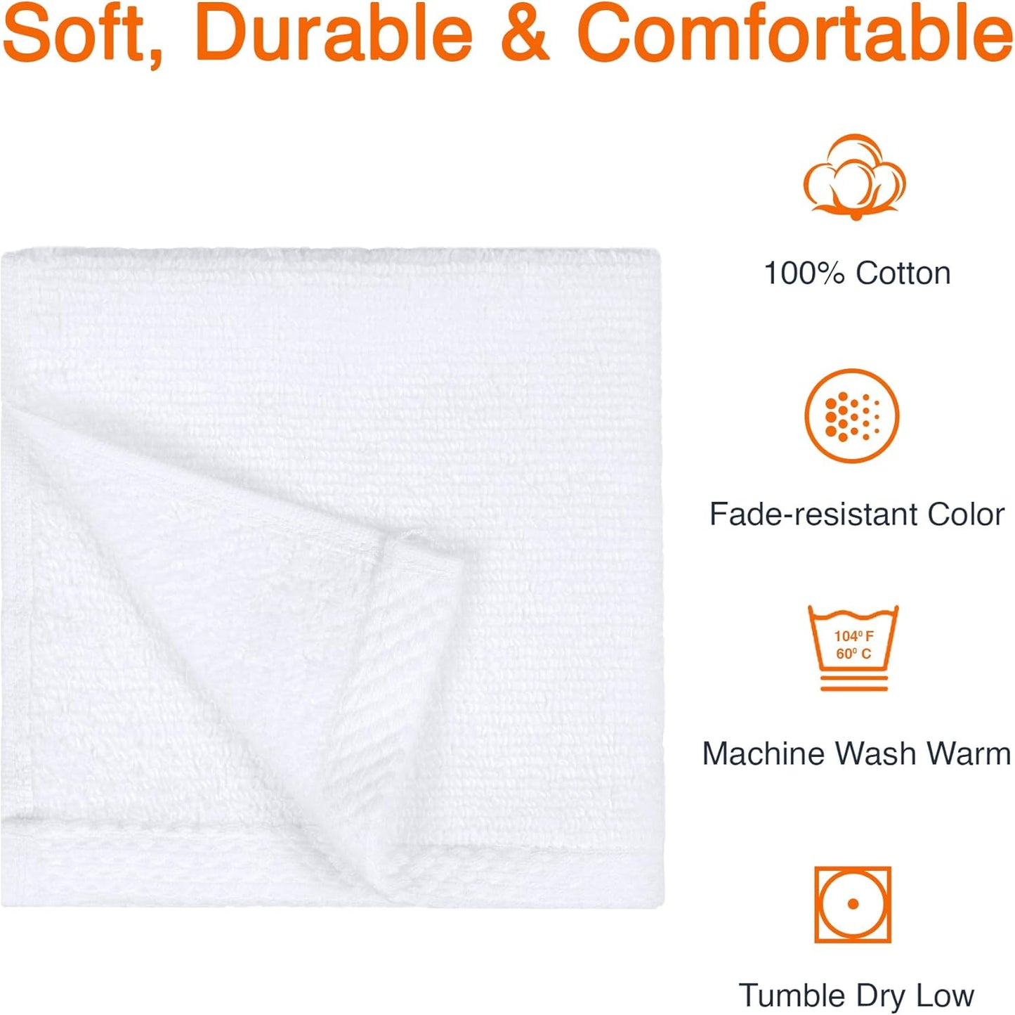 Amazon Basics Cotton Washcloths, Quick-Dry, 12" x 12", 12-Pack, White