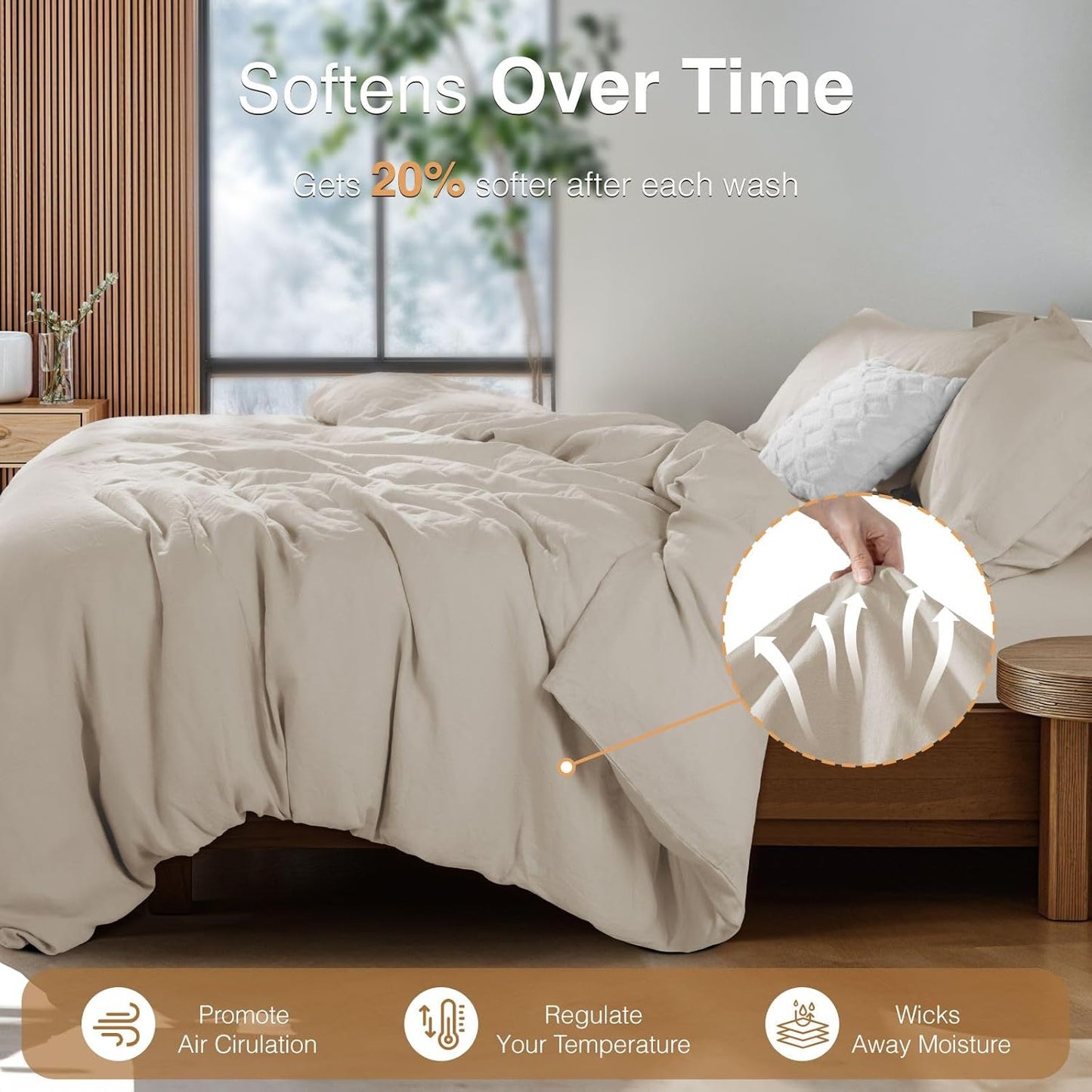 SONORO KATE 100% French Linen Duvet Cover Full Size, Soft Breathable for Hot Sleepers, Moisture Wicking & Durable Cover Set - Zipper Closure & 4 Corner Ties Duvet Covers 3 Piece (Linen,Full)