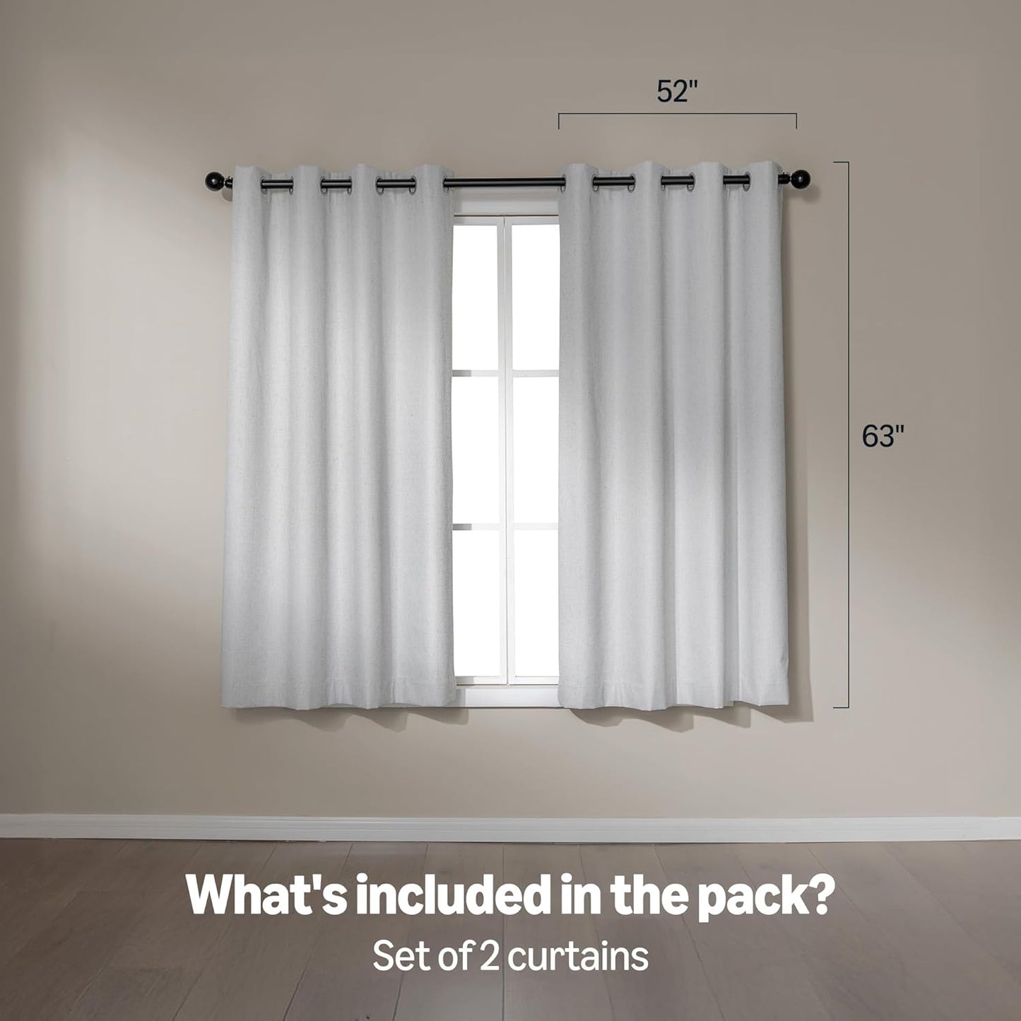 Amazon Basics Faux Linen Blackout Curtains for Bedroom and Living Room, 2-Piece Set with Grommets, 52" W x 63" L, White