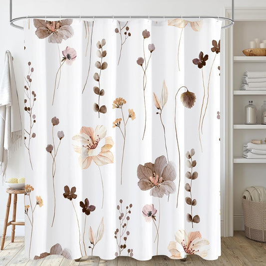 Gibelle Long Shower Curtain 72 x 78, Watercolor Floral Fabric Shower Curtain, Brown Beige Flower Decorative Bathroom Shower Curtain Set with Hooks