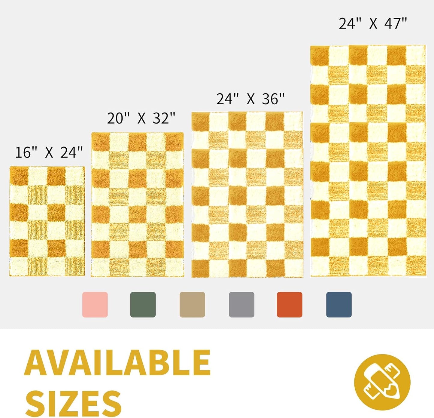 CozeCube Bath mats for Bathroom Non Slip, Fluffy Absorbent Microfiber Bath mat Washable, Aesthetic Bathroom Rugs, Large Harvest Gold Checkered Bath mat, Harvest Gold, 36" x 24"