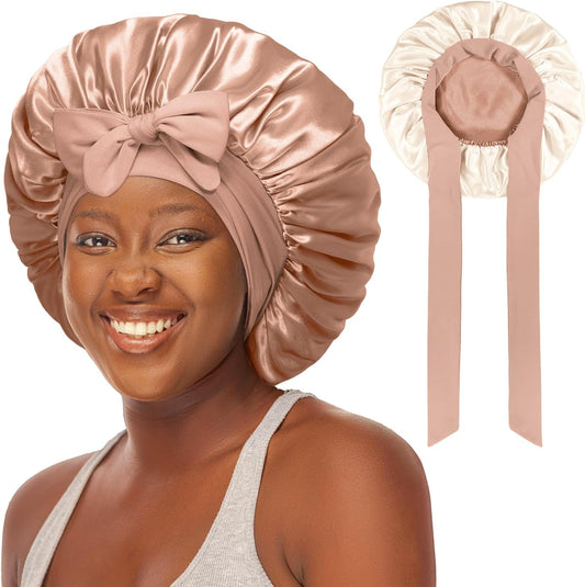 Double Layered Silk Satin Bonnet with Tie for Sleeping Black Women, Wide Band Large Hair Wrap Sleep Cap for Curly Hair Braid