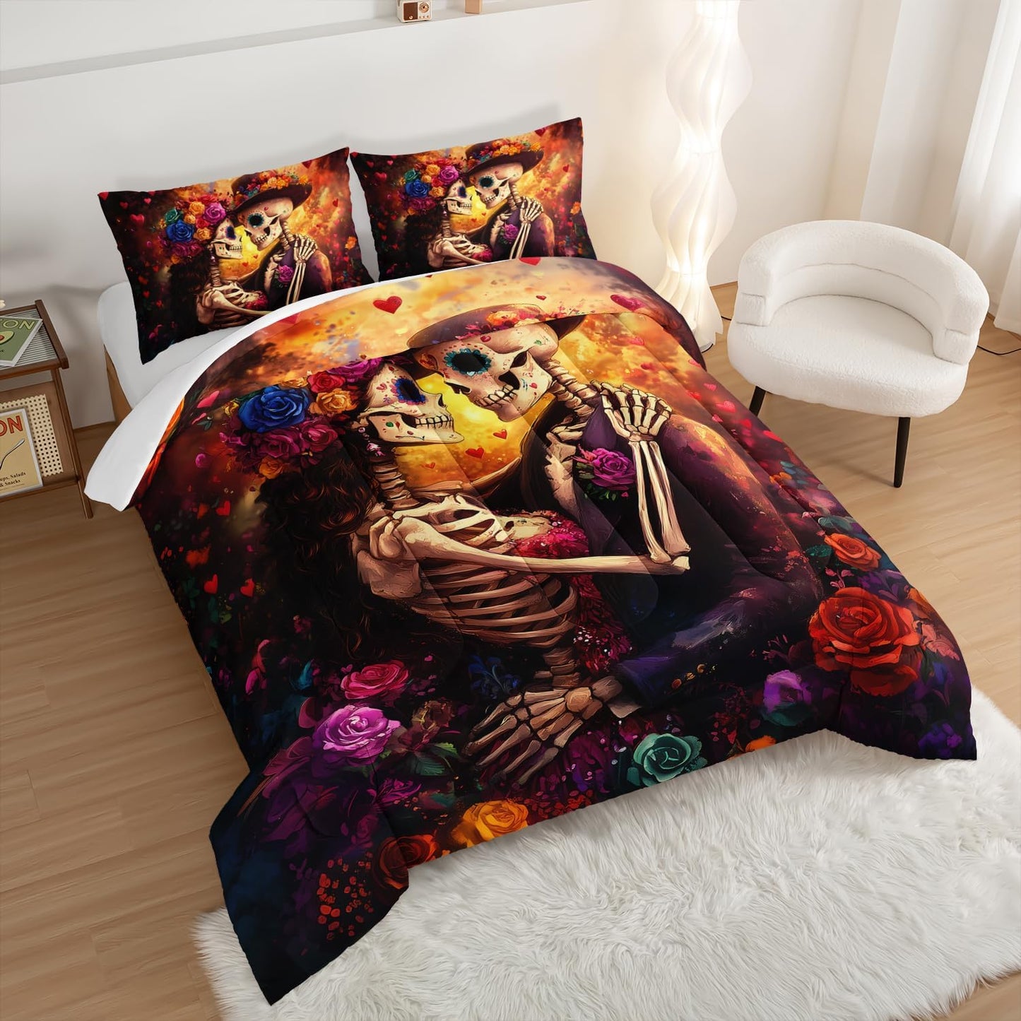 Skull Printed Comforter Set Full Size,Skeleton Couple Embrace Bedding Romantic Flower Comforter Set for Kids Girls Room Decor,Artistic Aesthetics Bedding Set with 2 Pillowcases.
