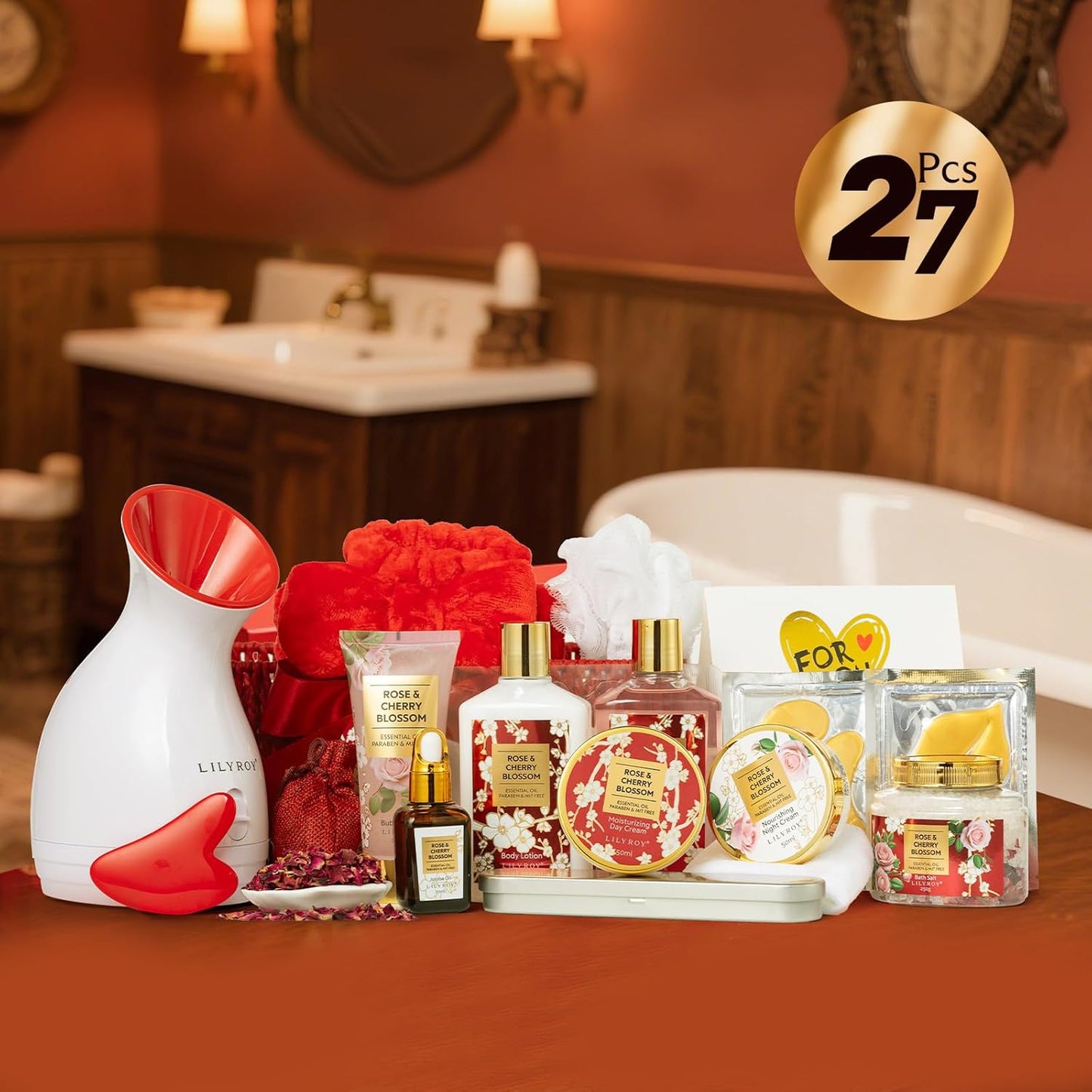 Christmas Gifts for Women - 27 Pcs Bath and Body Gifts Basket Set - Rose Spa Gifts Set Skin Care Set for Women, Gift Baskets Set for Mothers Day Mom | Gifts for Birthday, Valentines Day