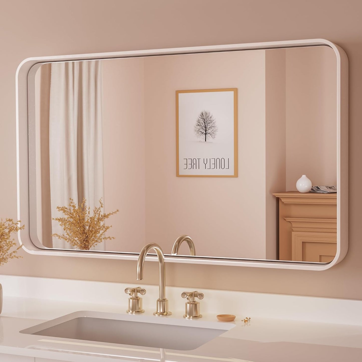 TETOTE White Framed Mirror for Bathroom 40 x 24 Metal Frame Wall Mounted Rectangle Mirror for Vanity with Sandy Textured Surface(Horizontal/Vertical)