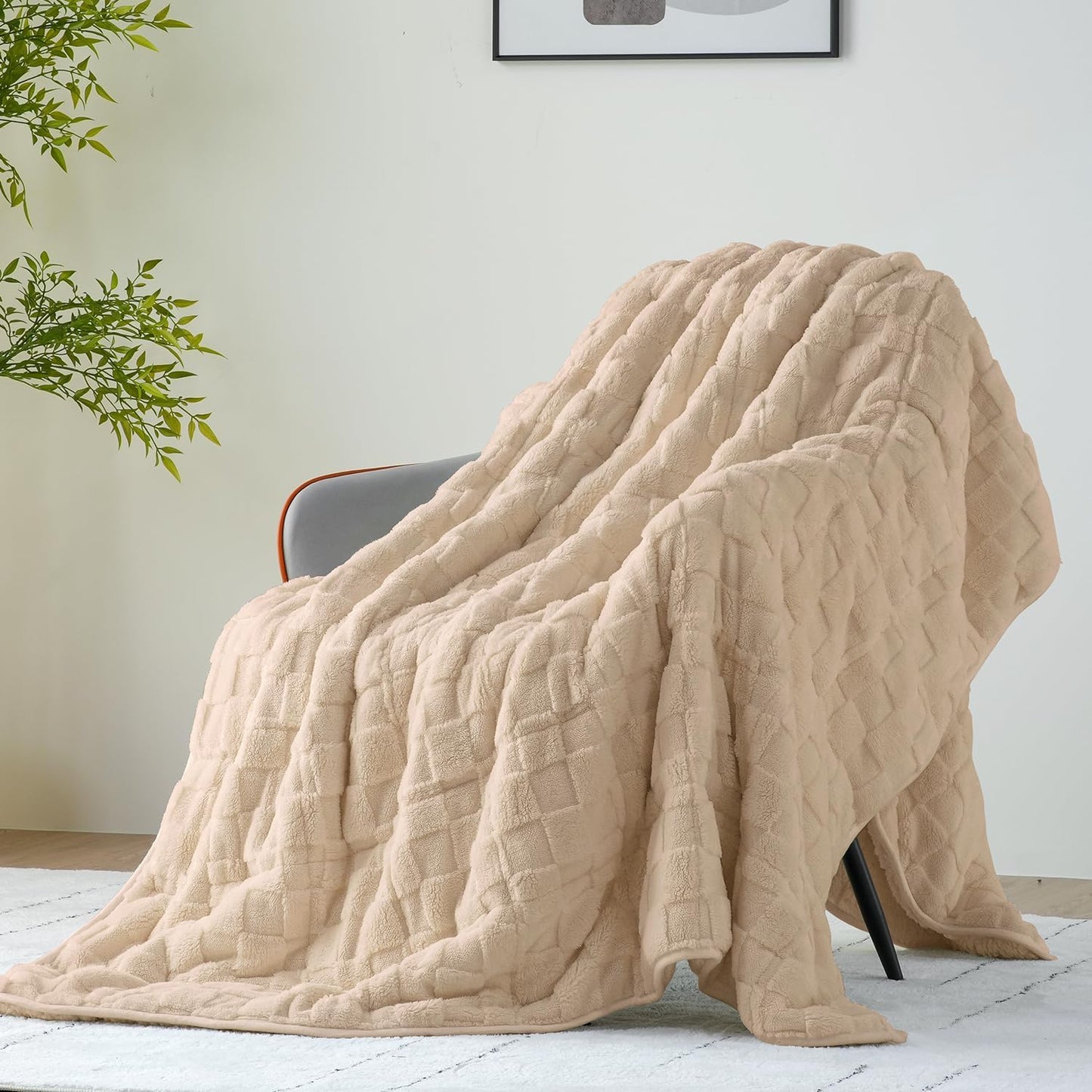 Uttermara Sherpa Fleece Weighted Blanket Queen Size(20lbs, 60" x 80", Khaki), 3D Jacquard Checkered Warm Sherpa Heavy Blanket for Adults, Soft Fuzzy Weighted Blankets for Couch Bed Sofa