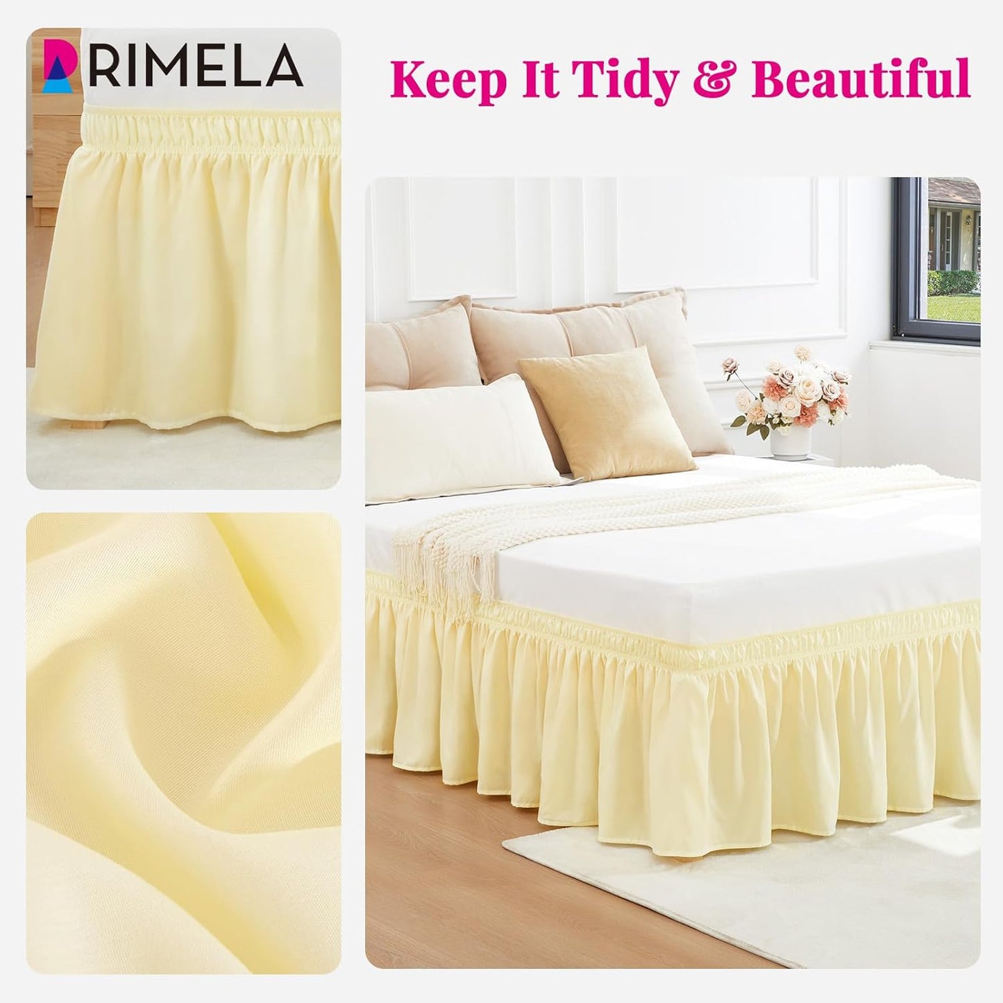 RIMELA Bed Skirt Queen Size 12 Inch Drop, Wrap Around Elastic Bedskirt Solid Microfiber Luxury Hotel Quality Fabric, Easy to Install Machine Washable Wrinkle & Fade Resistant, Beige Yellow
