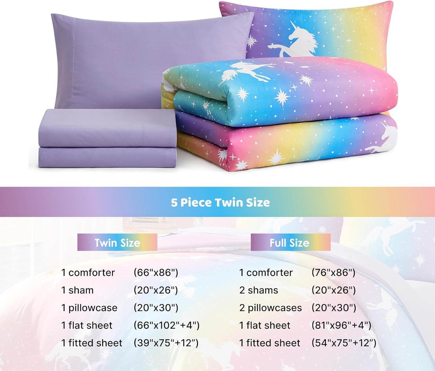 Twin Comforter Set for Girls-5 Pieces Rainbow Unicorn Twin Bedding Sets for Kids, Ultra Soft Bed in A Bag with Sheets