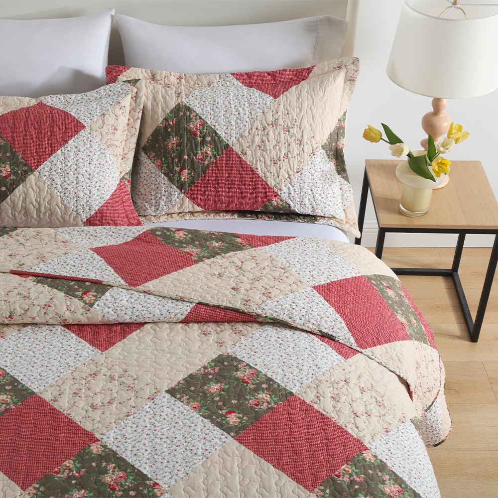 ENASAL Cotton Bedspread Quilt Bedding Sets Reversible Coverlet Sets Comforters Rose Floral Purple White Patchwork Pattern Bedspread for All Season, King Size