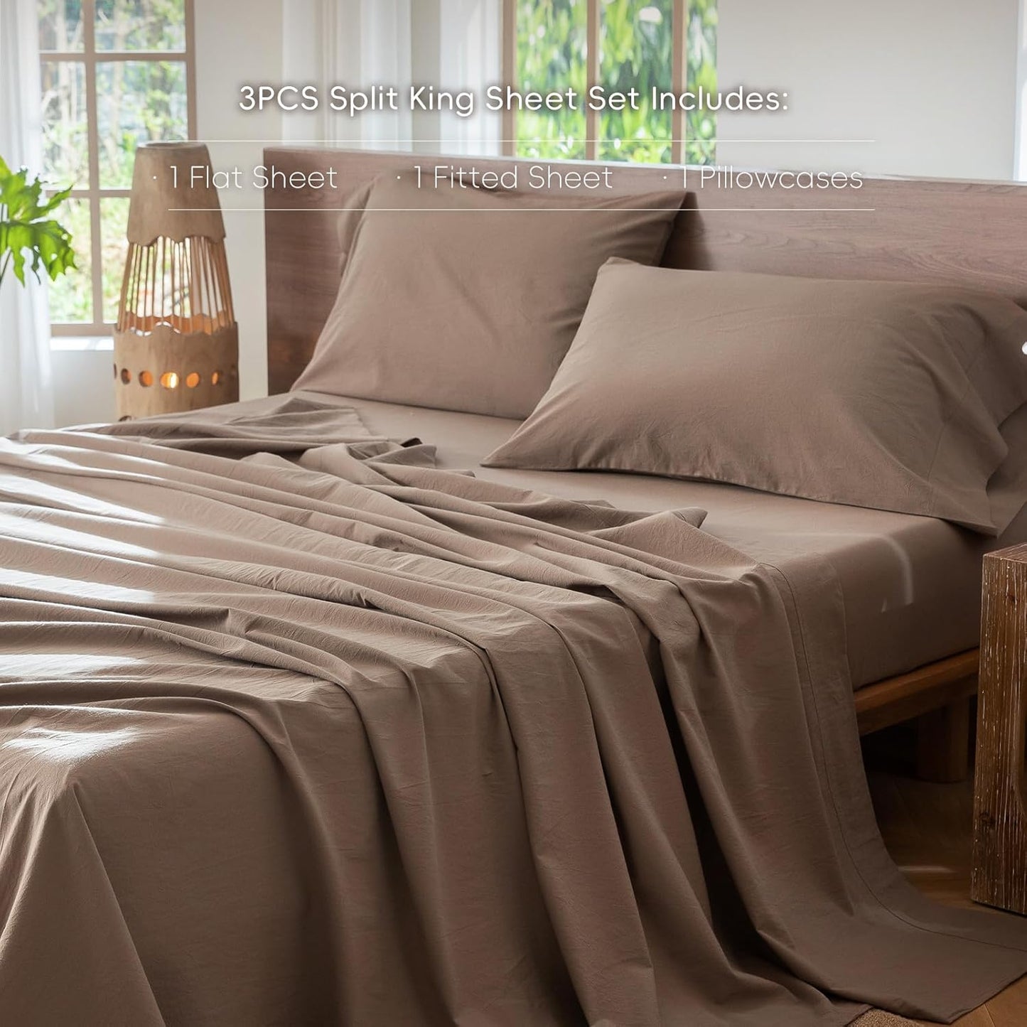 MooMee Bedding Sheet Set 100% Washed Cotton Linen Like Textured Breathable Durable Soft Comfy (Brown, Twin)