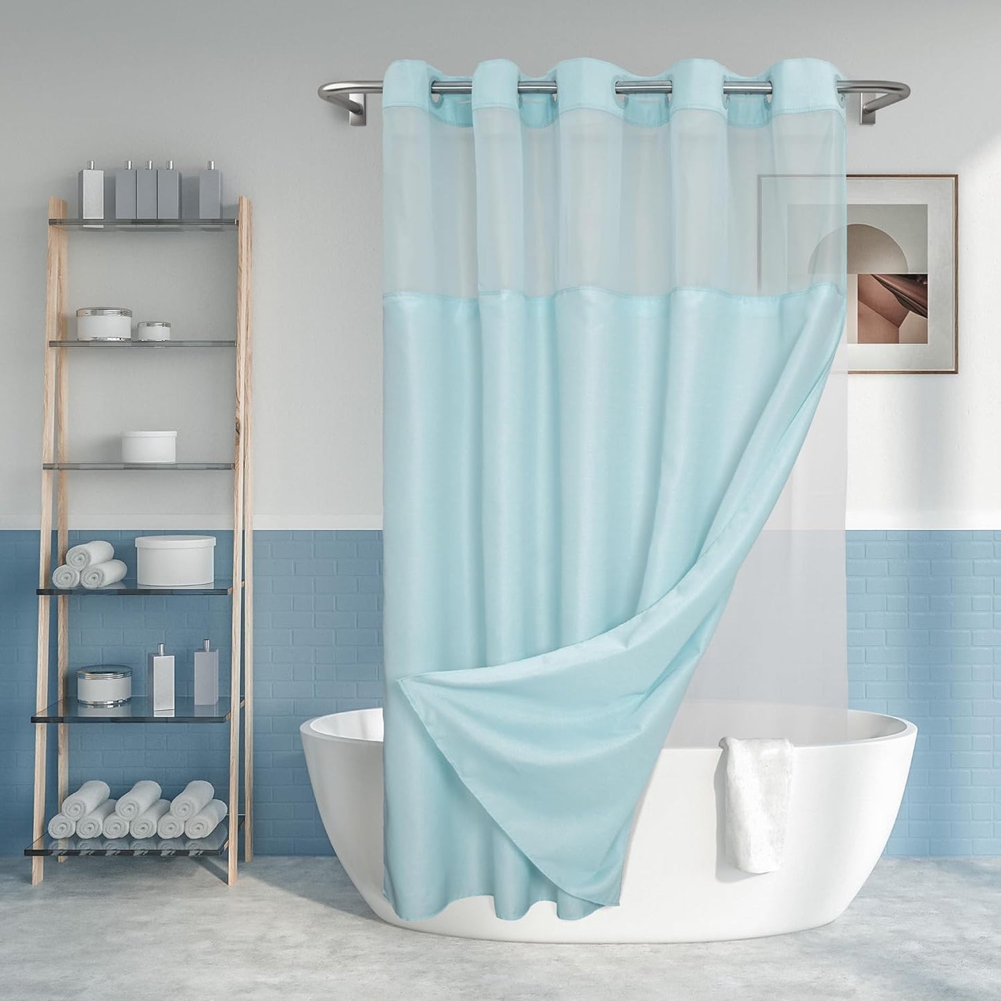 Long No Hook Slub Textured Shower Curtain with Snap-in PEVA Liner Set - 71" x 80"(78"), Hotel Style with See Through Top Window, Blue Fabric Curtain & Waterproof Liner, Blue, 71x80