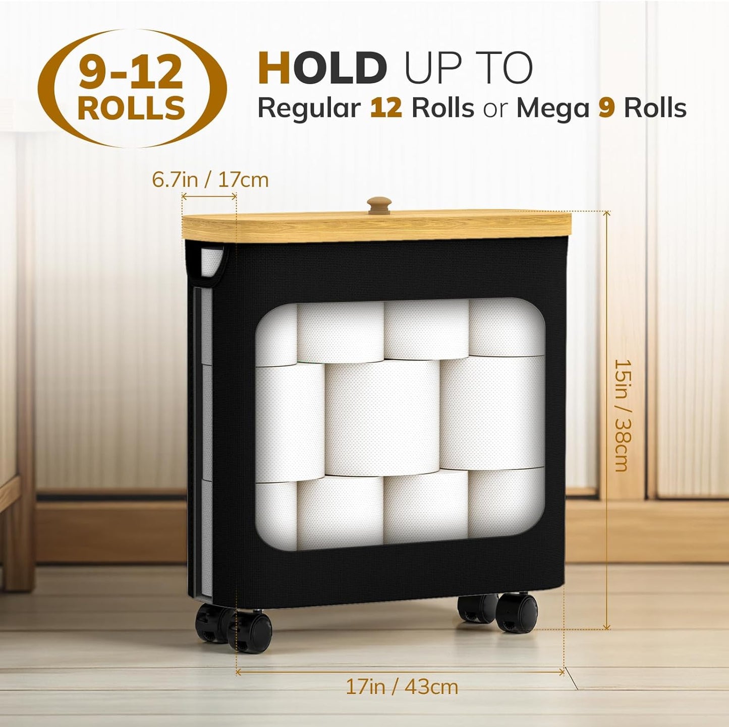 Toilet Paper Storage with Wheel Bamboo Toilet Paper Holder with Lid and Handle Toilet Papers Organizer for Bathroom Free Standing 30L Papers Basket for 9-12 Rolls Bathroom Accessories, Black