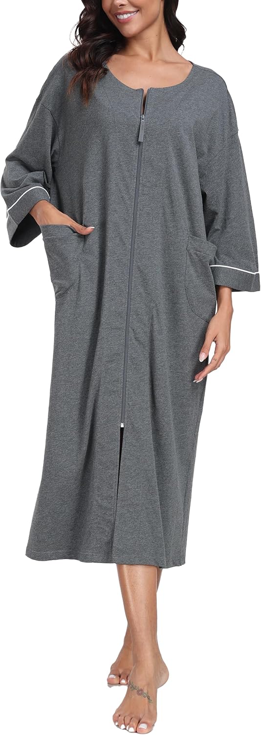 ANLIQI Women's 100% Cotton Robes Long Zipper Front House coats 3/4 Sleeve Bathrobes Lightweight Full Length Robe with Pockets