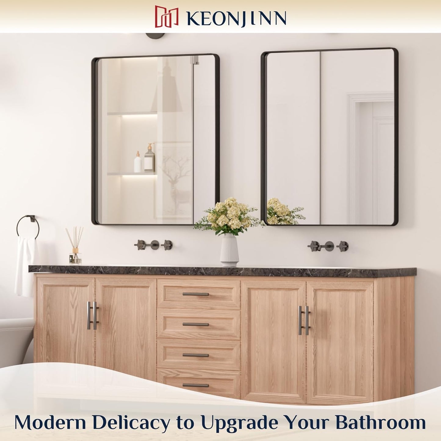 Keonjinn Black Framed Mirrors for Bathroom 30 x 36 Inch Rounded Rectangle Wall Mirror, Matte Black Farmhouse Bathroom Vanity Mirror with Seamless Metal Frame, HD Tempered Glass(Horizontal/Vertical)
