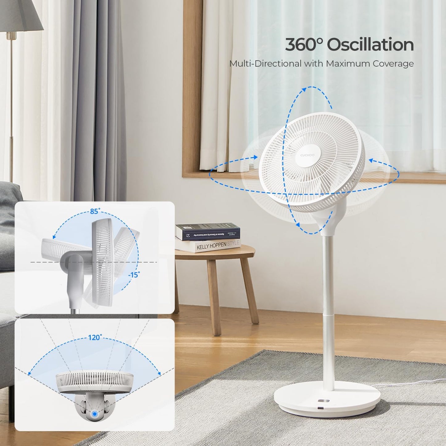 CUCKOO Oscillating Fan for Bedroom, Standing Pedestal Floor Fan with 12 Speeds & 4 Wind Modes, Adjustable Height with Remote, Quiet BLDC Electric Motor, Ideal for Any Room, White (CF-AC1410WH)