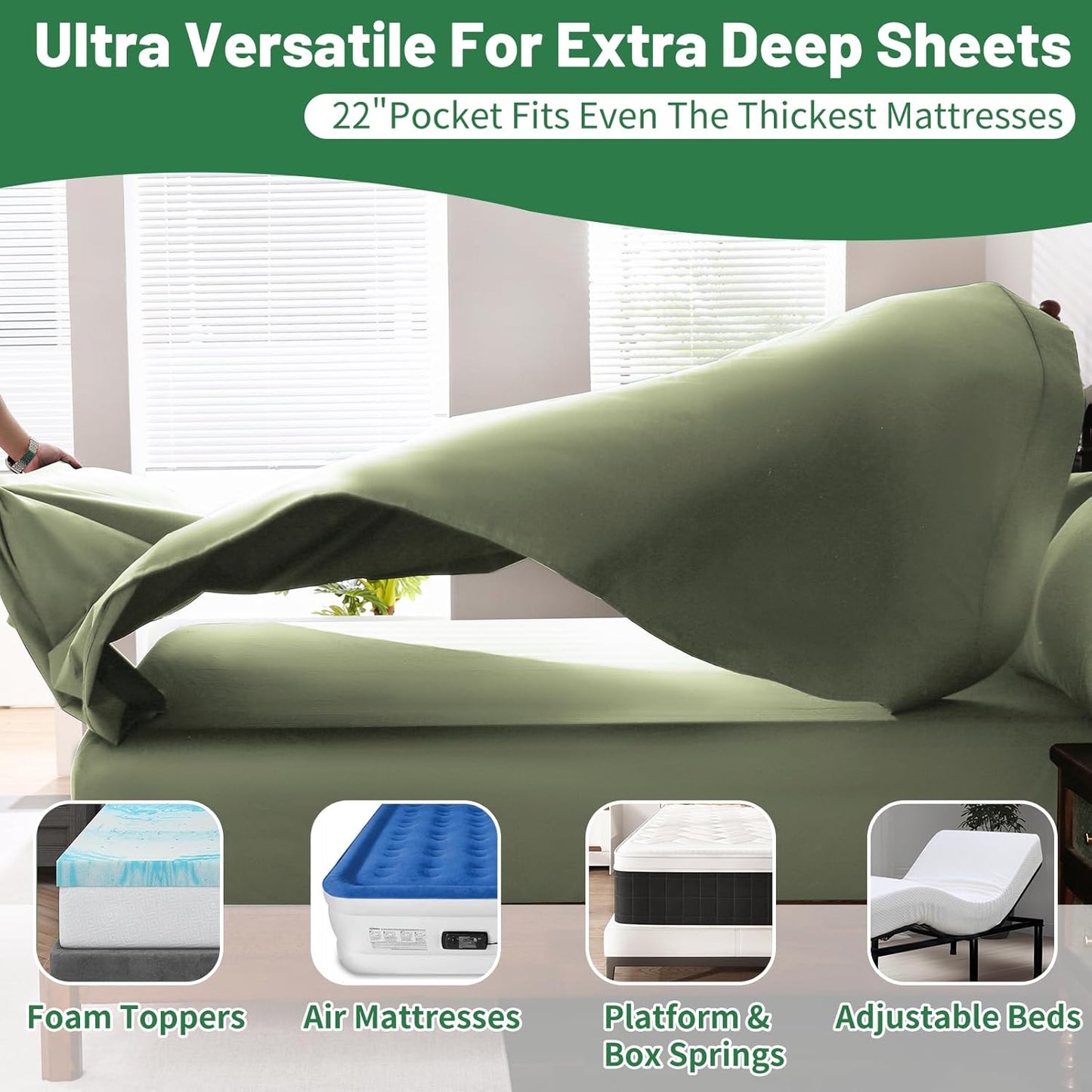 Extra Deep Pocket Queen Sheets 18-24 Inch 1000 Thread Count 100% Egyptian Cotton Sateen Weave Soft Breathable 4 Pieces（Queen,Olive Green）